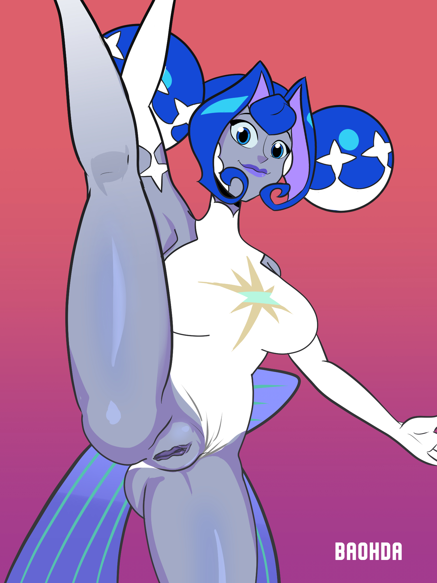 1girls, 2025, artist name, ballerina, ballerina gwen, baohda, big breasts, blue body, blue eyes, blue hair, blue lips, blue skin, breasts, female, glitch productions, gloves, gwen (knights of guinevere), knights of guinevere, leg up, legs up, leotard, leotard aside, looking at viewer, no ai, one leg up, princess guinevere, pussy, shaved pussy, simple background, smile, solo, twitter link, two-tone hair, western cartoon, white and blue hair, white clothing, white gloves, white leotard, wide hips