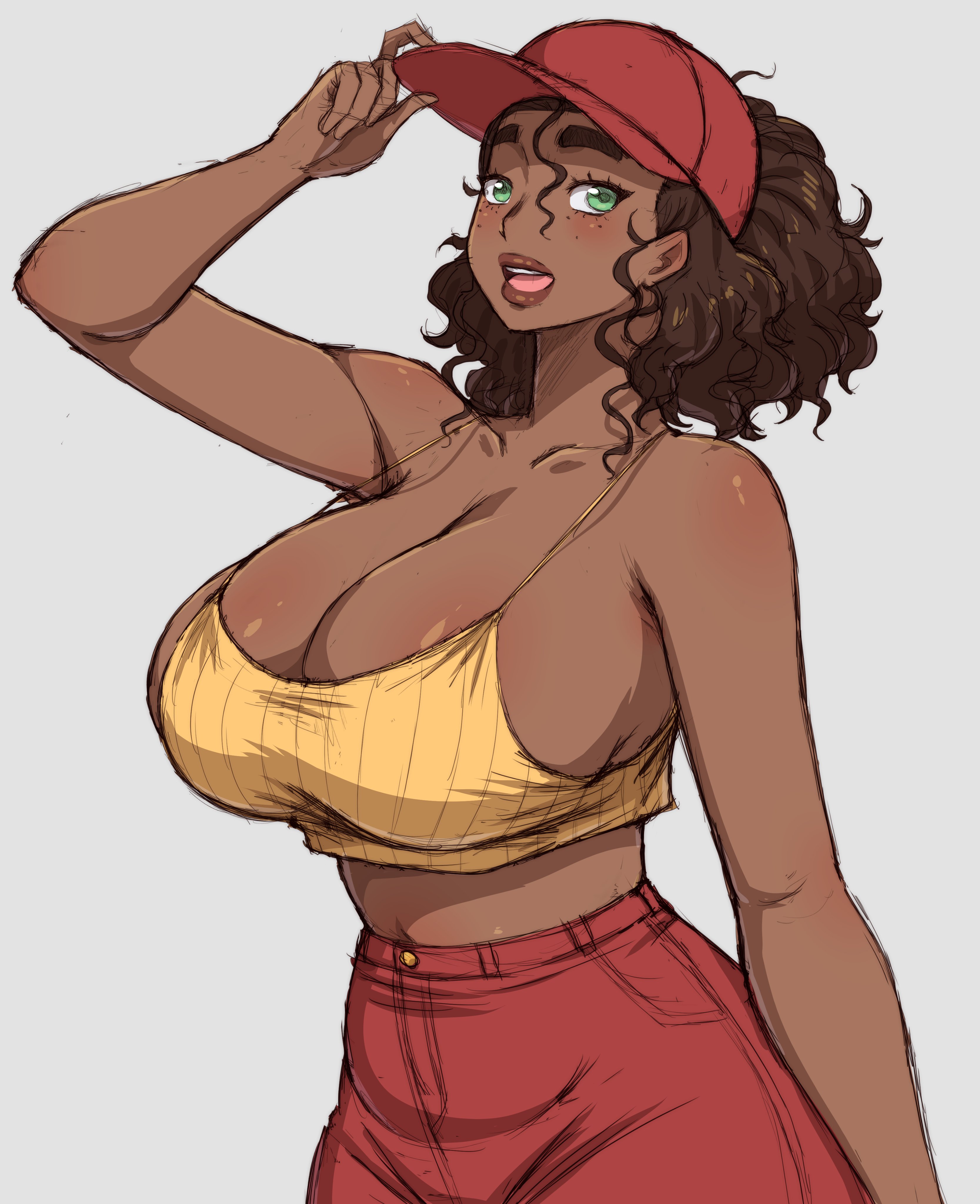 1girls, big breasts, blushing, blushing at viewer, breasts, brown hair, cleavage, curly hair, dark skin, dark-skinned female, female, female only, freckles, green eyes, looking at viewer, original, original character, simmsy, solo, solo female, tank top, thick, thick lips
