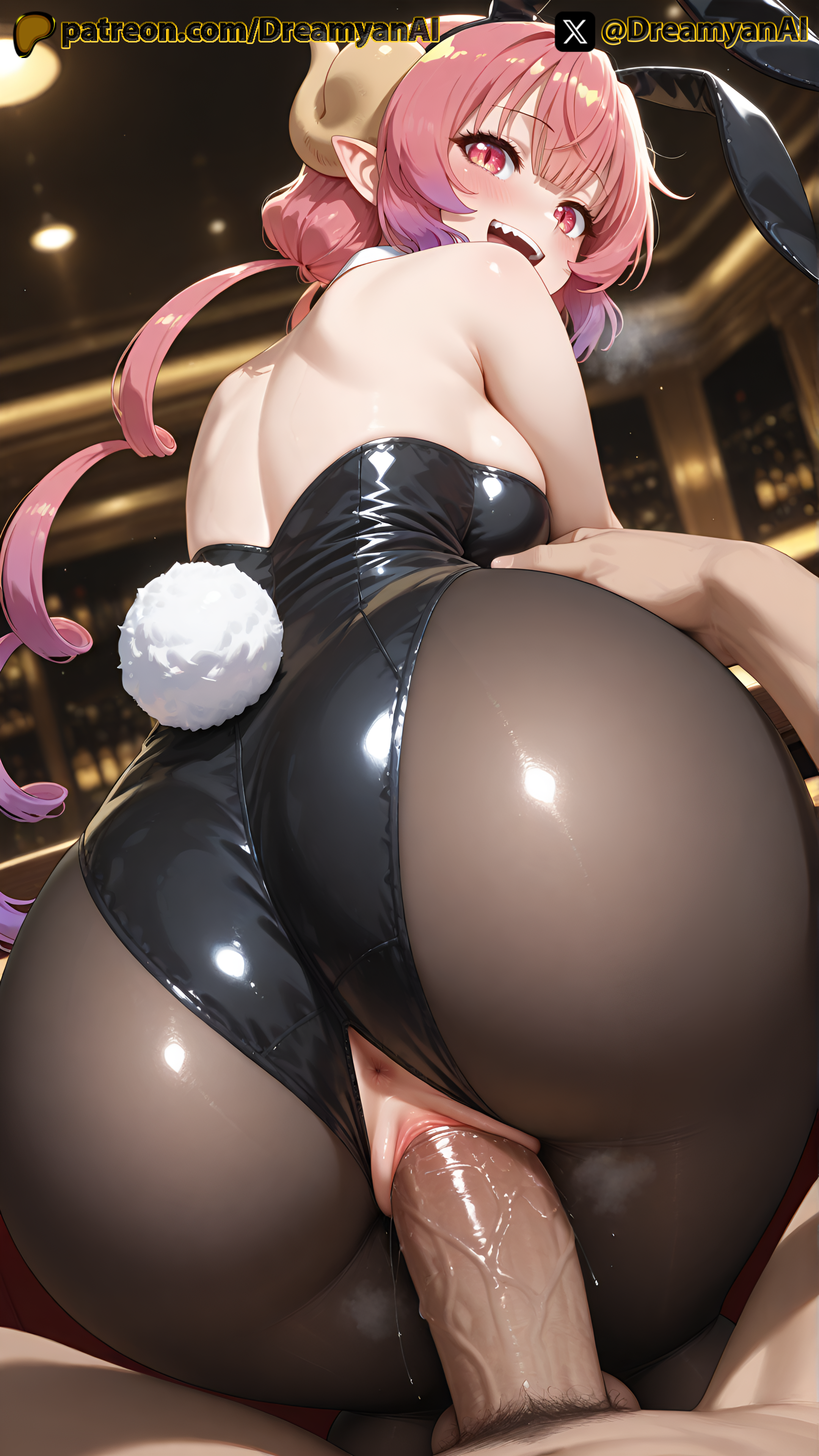 1boy, 1girls, 2025, ai, ai assisted, ai generated, anime, anime style, artist name, ass, ass focus, breasts, bunny ears, bunny girl, bunnysuit, dragon girl, dragon horns, dreamyan ai, duo, female, from behind, hi res, high quality, high resolution, highres, horns, huge ass, huge breasts, ilulu (dragon maid), ilulu (maidragon), kobayashi-san chi no maidragon, light skin, light-skinned female, light-skinned male, looking at viewer, looking back, male, open mouth, pantyhose, patreon, penis, pink eyes, pink hair, pov, pussy, sex, slit pupils, smile, smiling, smiling at viewer, thick ass, thick thighs, thighs, tight clothing, tight fit, uncensored, vagina, vaginal insertion, vaginal penetration, vaginal sex