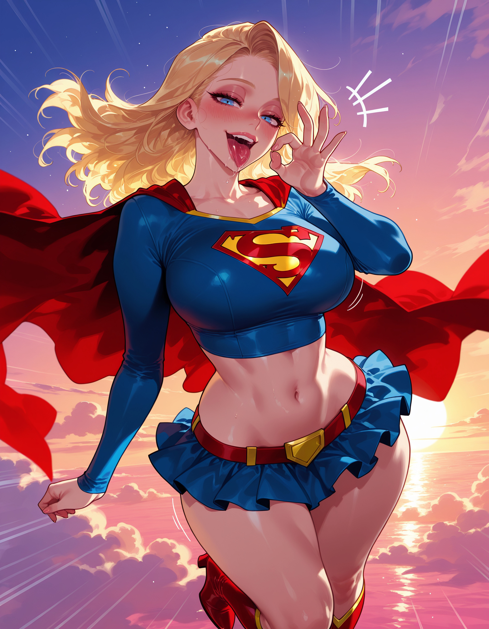 1girl, 1girls, ai generated, artist name, balecxi, belt, blonde hair, blue eyes, blue skirt, blush, boots, breasts, cape, clothing, cloud, collarbone, crop top, curvaceous, curvaceous female, curvaceous figure, curvy, curvy figure, dc, dc comics, emphasis lines, fellatio gesture, female, female focus, female only, footwear, fuck me boots, gradient sky, handjob gesture, high heel boots, high heels, horizon, inviting, inviting to sex, kara danvers, kara zor-el, knee boots, large breasts, linea alba, long hair, long sleeves, looking at viewer, microskirt, midriff, miniskirt, motion lines, narrow waist, naughty face, navel, ocean, ok sign, open mouth, oral invitation, outdoors, pleated skirt, presenting, presenting ass, presenting breasts, presenting hindquarters, presenting self, red belt, red cape, red footwear, seductive, seductive look, seductive smile, sexually suggestive, shirt, skirt, sky, smile, solo, stomach, sun, sunrise, sunset, supergirl, supergirl (series), superman (series), taut clothes, taut shirt, teeth, thighs, toned, tongue, tongue out, voluptuous, voluptuous female, web address, wide hips