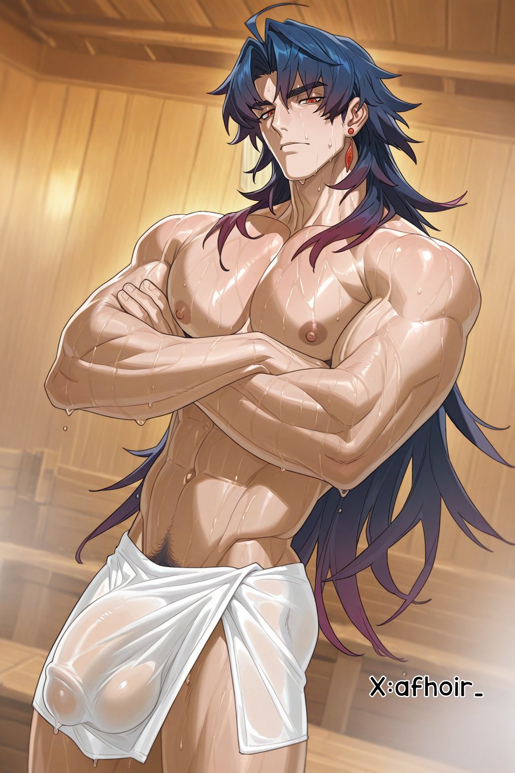 afhoir , ai generated, biceps, blade (honkai: star rail), buff, bulge, bulge through clothing, bulge under clothes, honkai: star rail, long hair, male, muscular, muscular male, musk, musk clouds, pecs, sauna, standing, sweat, sweaty, sweaty body, tagme, towel, towel only