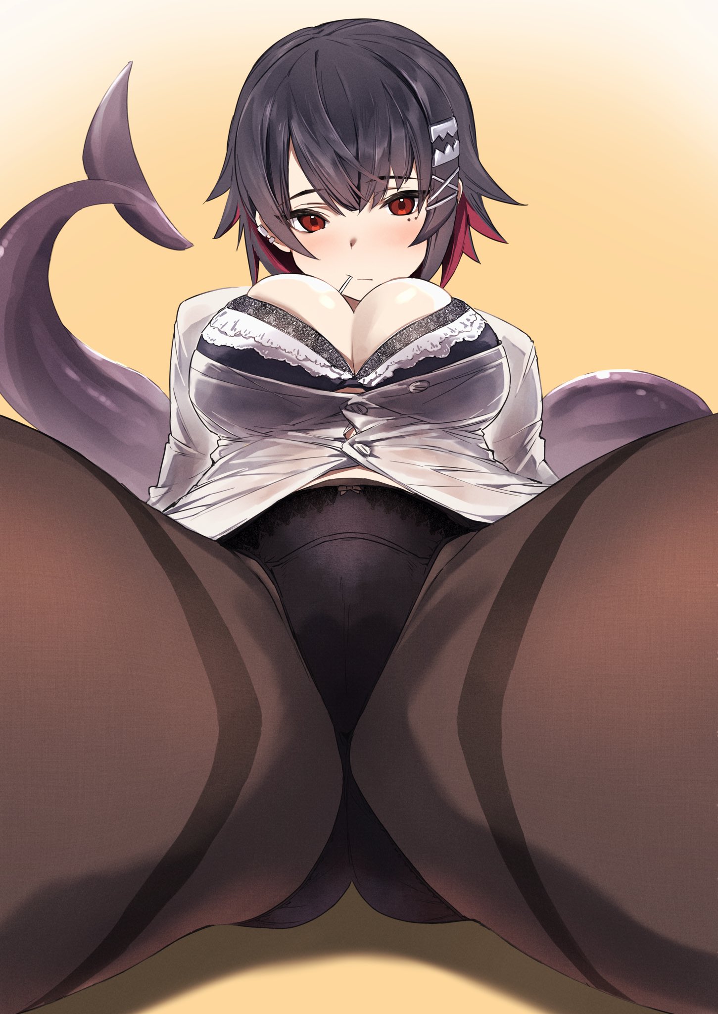 black bra, black hair, black panties, black pantyhose, blush, bra, breasts, candy, colored inner hair, eating, ellen joe, female, fins, fish tail, food, highres, illust kuma, kuma (jk0073), large breasts, lollipop, looking at viewer, mole, mole under eye, multicolored hair, panties, pantyhose, red eyes, red hair, scar, scar on tail, shark girl, shark tail, short hair, solo, tail, thighhighs, two-tone hair, underwear, zenless zone zero