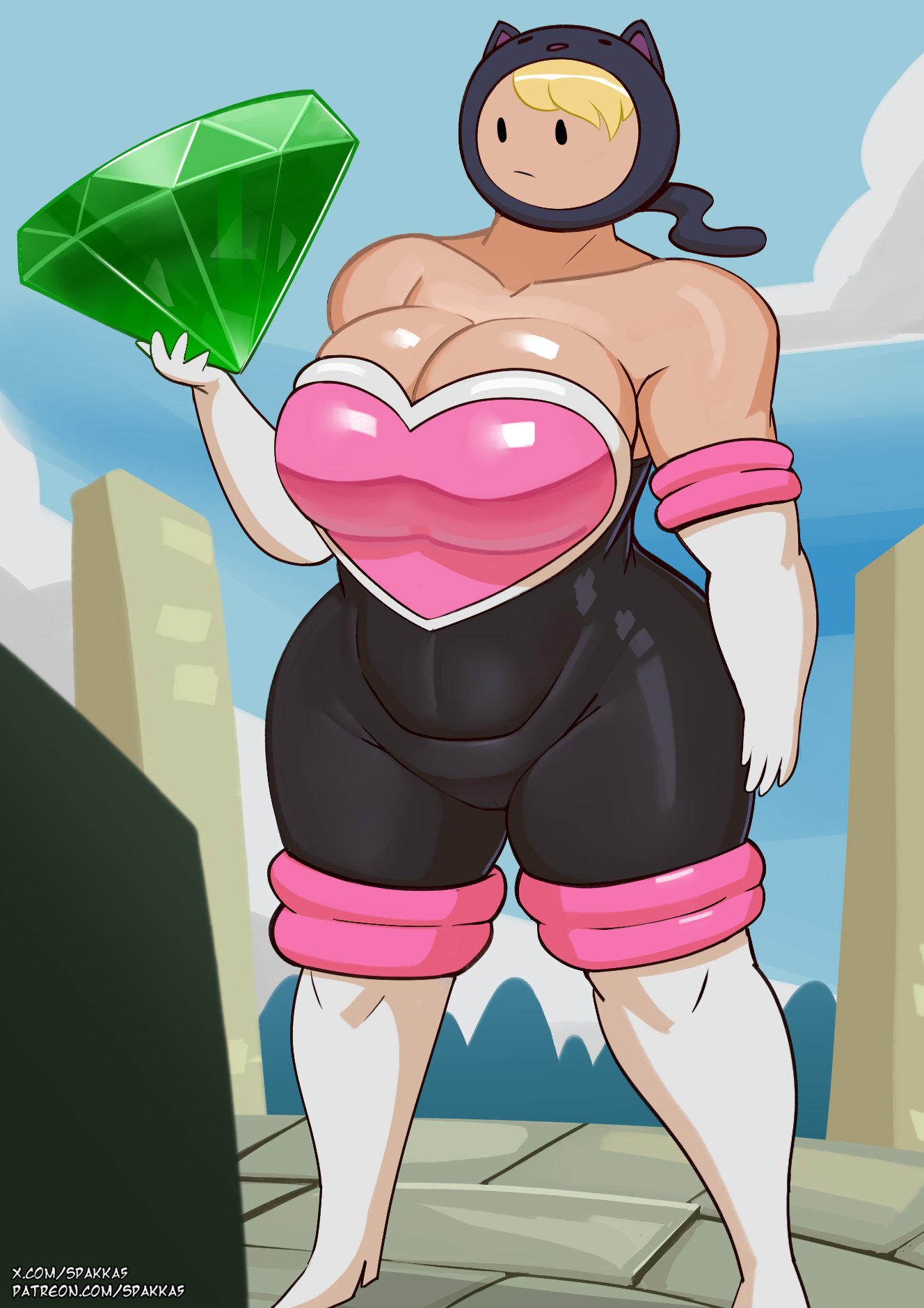 1girls, adventure time, big breasts, blonde hair, bodysuit, breasts, busty, cleavage, clothing, cosplay, female, female only, hat, huge breasts, large breasts, looking at object, master emerald, muscular, muscular female, outfit, outfit swap, rouge the bat (cosplay), solo, sonic (series), sonic the hedgehog (series), spakka5, susan strong, thick thighs, thunder thighs, wide hips
