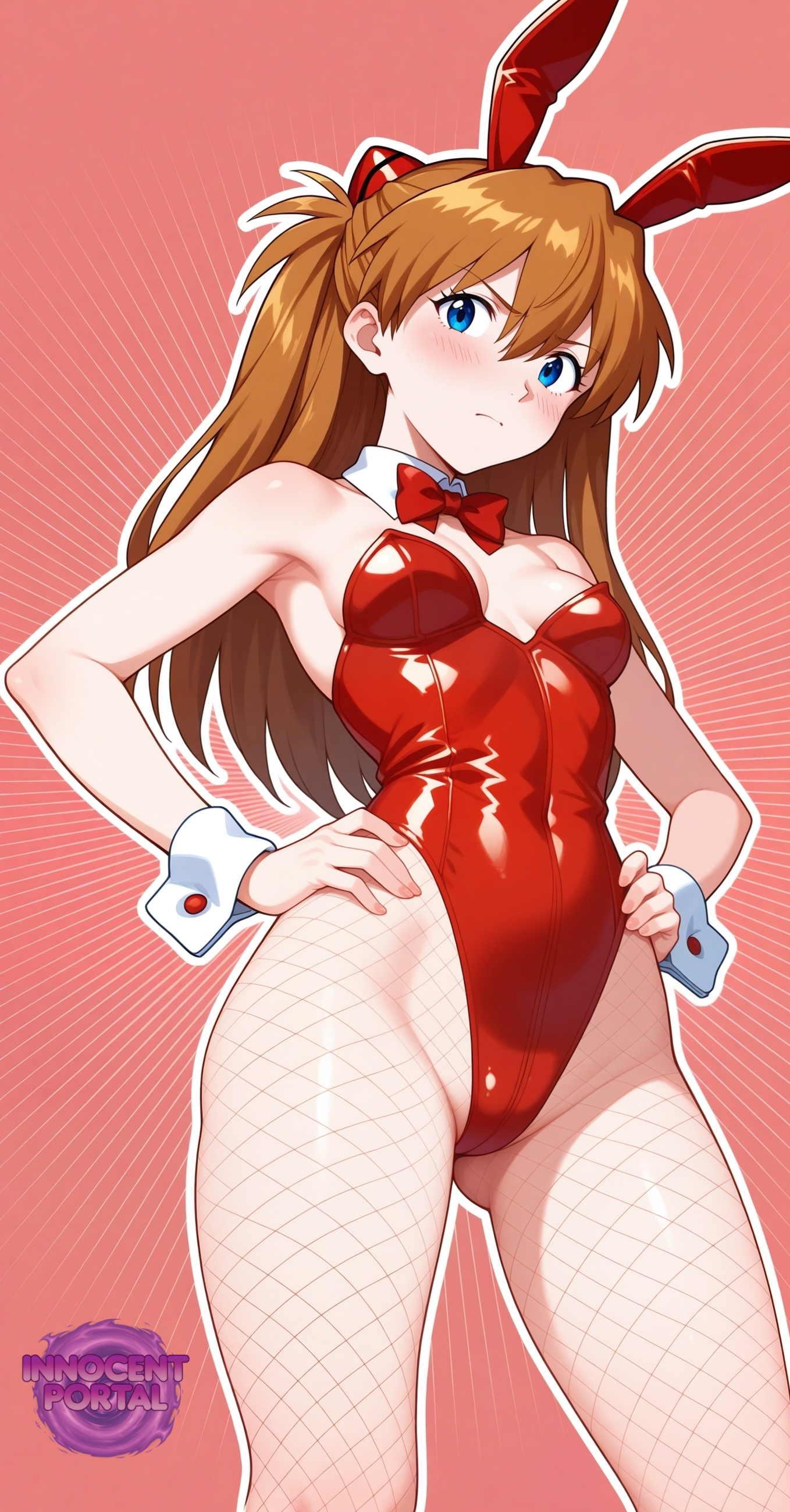 ai generated, armpits, ass, asuka langley sohryu, blue eyes, blush, blush lines, bracelets, breasts, bunny ears, bunny suit, bunnysuit, butt fang, collar, female, fishnet pantyhose, fishnets, hair ornament, hands on hips, hips, jorgecarlosai, leotard, long hair, neon genesis evangelion, posing, red bunnysuit, red hair, red leotard, redhead female, sexy pose, simple background, small boobs, small breasts, small tits, taut clothes, taut leotard, thighs, tight clothing, tight leotard, watermark