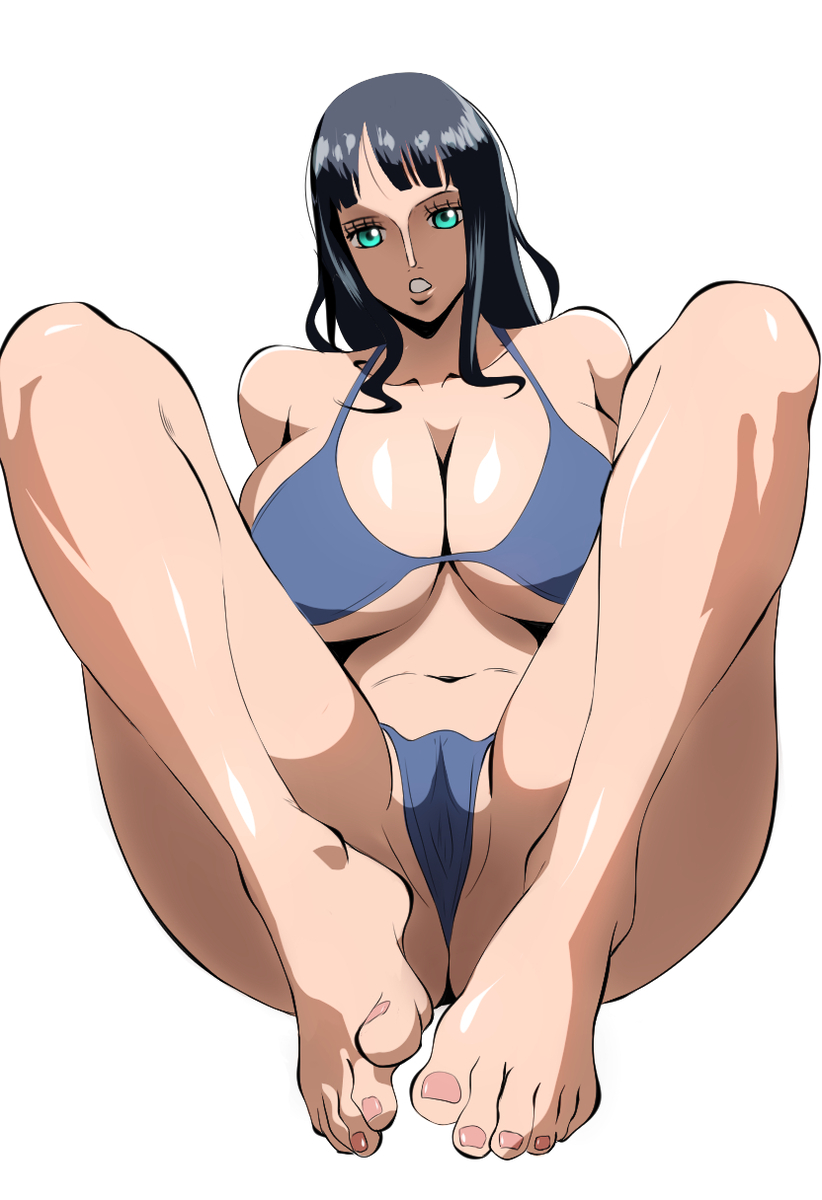 1girls, artist name, ass, big ass, big breasts, bikini, black hair, black-haired female, blue eyes, breasts, cameltoe, cleavage, feet, female, female only, huge breasts, looking at viewer, nico robin, one piece, pre-timeskip, seductive, sexy, sitting, white background, yoonsmr
