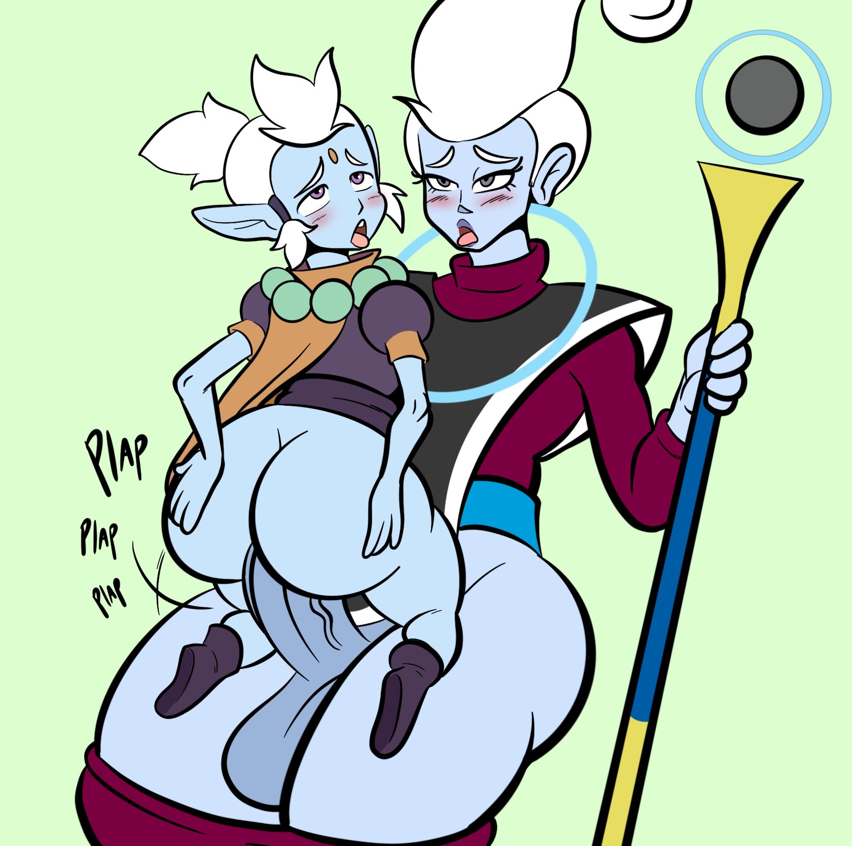 2boys, 2d, 2femboys, ahegao, ass, balls, big ass, big penis, blue body, blue skin, blue-skinned male, bottomless, bottomless male, color, cowgirl position, crossover, dc, dc comics, dragon ball, dragon ball super, eastern and western character, english text, eyes rolling back, femboy, femboy on femboy, femboy only, gay, gay sex, male, male only, mr mxyzptlk, mr mxyzptlk (my adventures with superman), my adventures with superman, onomatopoeia, open mouth, pants down, penetration, ponytail, sex, size difference, superman (series), tagme, taillove (artist), testicles, tongue, tongue out, veiny penis, whis, white hair, yaoi
