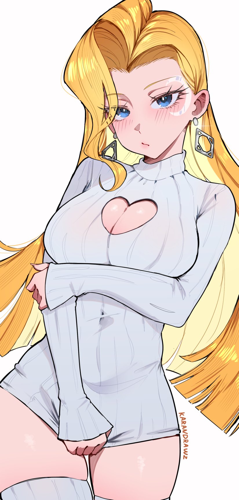 1girls, blonde hair, blue eyes, blush, breasts, crescent, dagger (marvel rivals), dagger (marvel), earrings, facial mark, female, highres, jewelry, karandrawz, large breasts, long hair, looking at viewer, marvel, marvel comics, marvel rivals, smile, solo, sweater, thighs