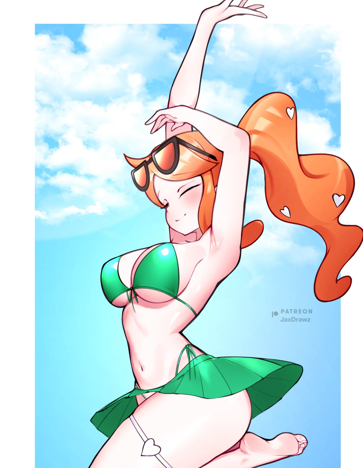 1girls, armpits, arms up, barefoot, bikini, blush, breasts, closed eyes, eyewear on head, female, female only, green bikini, hair ornament, heart, heart hair ornament, jaxdrawz, large breasts, long hair, navel, nintendo, orange hair, patreon username, pokemon, pokemon ss, side ponytail, smile, solo, sonia (pokemon), standing, standing on one leg, sunglasses, swimsuit, thigh strap