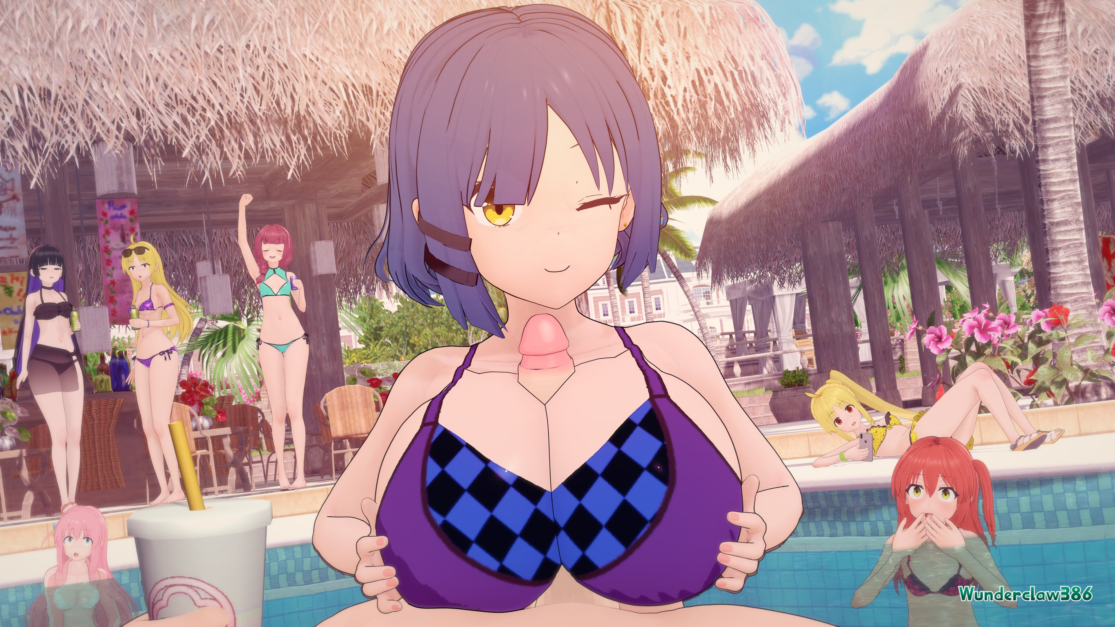 1boy, 3d, 3d (artwork), 6+girls, 7girls, alternate breast size, big breasts, bikini, blue hair, bocchi the rock!, breasts, cleavage, closed mouth, disposable cup, drink, drinking straw, earrings, female, gotou hitori, happy, happy paizuri, happy sex, hetero, hiroi kikuri, holding, holding cup, holding disposable cup, huge breasts, ijichi nijika, ijichi seika, kita ikuyo, koikatsu, koikatsu (medium), large breasts, looking at viewer, male, outdoors, pa-san, paizuri, paizuri lead by female, paizuri on lap, penis, pool, pov, pov eye contact, pov paizuri, public, public sex, short hair, smile, solo focus, straight, watermark, wunderclaw, yamada ryou, yellow eyes
