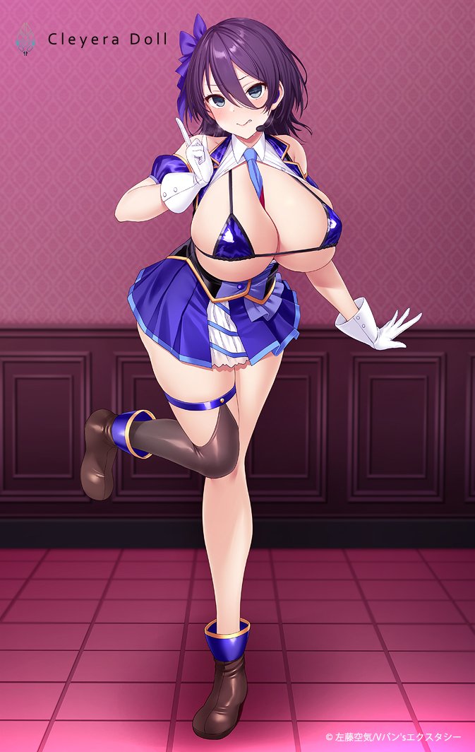 1girls, arm cuffs, asaba ibuki, asymmetrical legwear, bikini, bikini top only, blue bikini, blue eyes, blue hair, blue necktie, blue skirt, blush, breasts, cleavage, female, female only, gloves, idol, large breasts, looking at viewer, microphone, miniskirt, necktie, open clothes, open shirt, original, revealing clothes, satou kuuki, shiny swimsuit, short hair, short skirt, skimpy clothes, skirt, solo, swimsuit, watermark, white gloves
