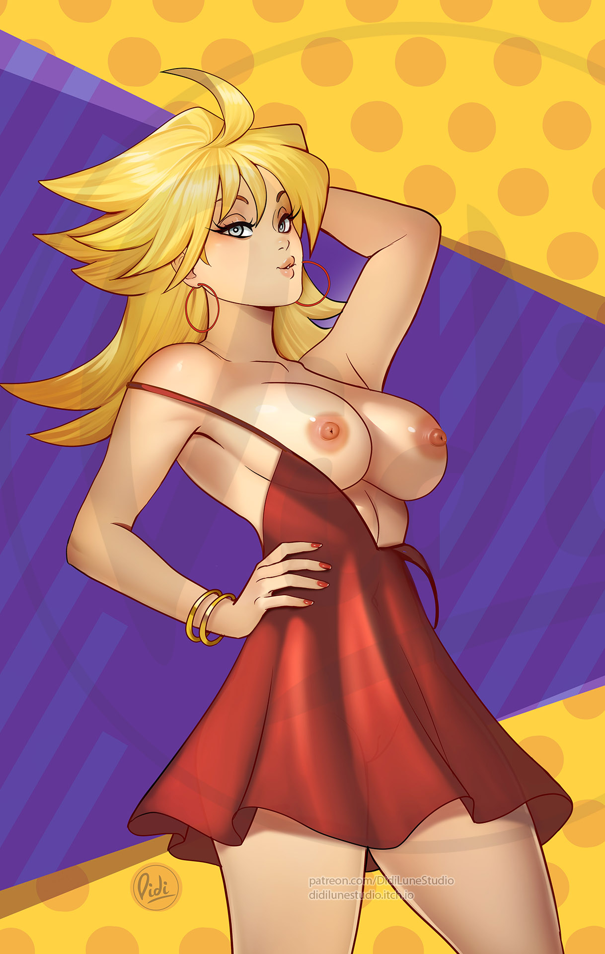 1girls, blonde hair, blue eyes, breasts, didi esmeralda, dress down, female, female only, large breasts, long hair, panty & stocking with garterbelt, panty anarchy, red dress