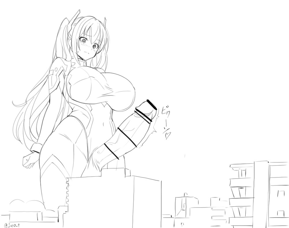 1futa, balls, big balls, breasts, censor bar, censored, censored penis, city, futa giantess, futa only, futanari, giantess, huge breasts, huge cock, intersex, light skin, light-skinned futa, long hair, macro, monochrome, penis, seo tatsuya, solo, testicles, white background