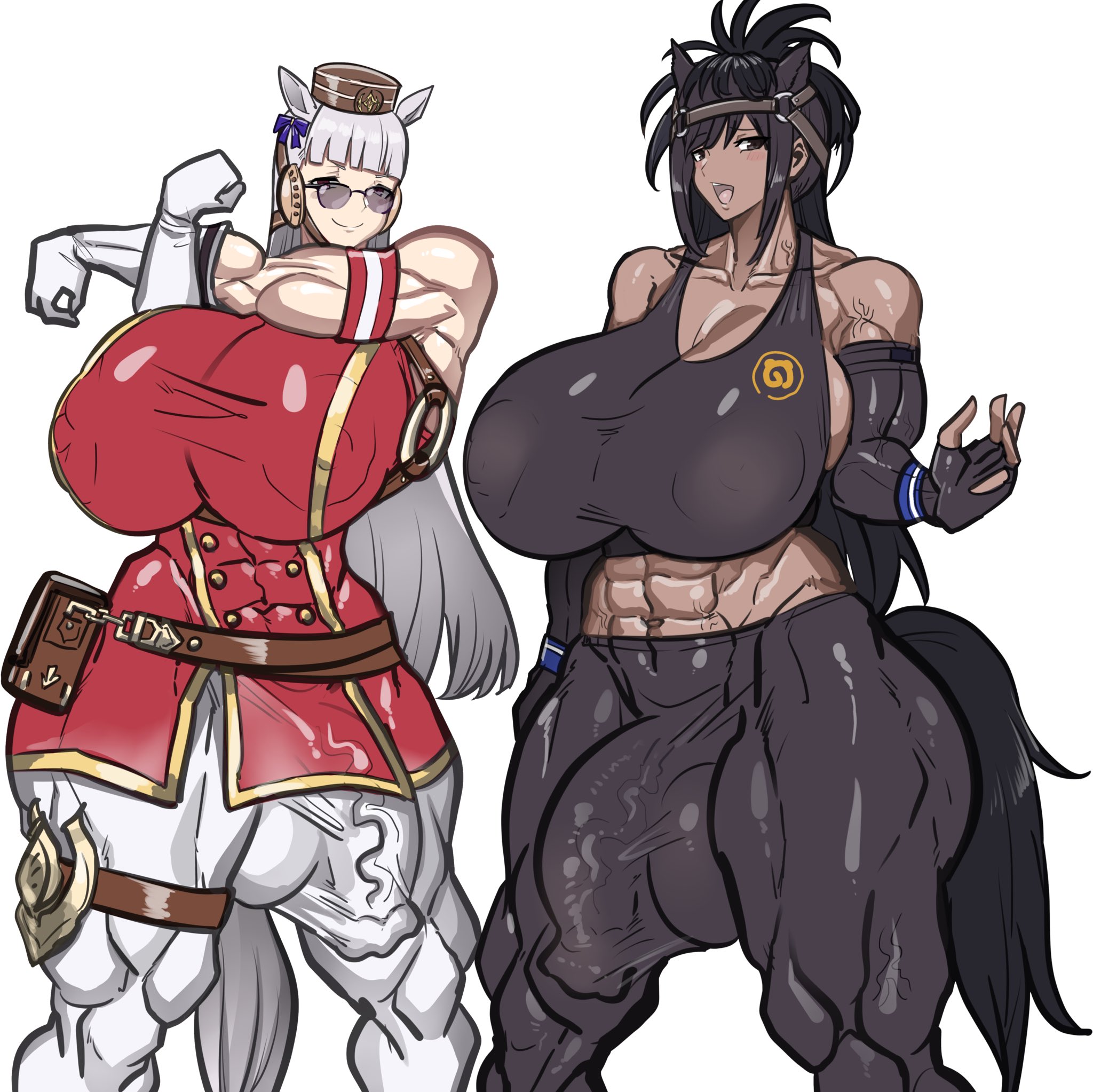 2futas, animal ears, animal genitalia on humanoid, balls, black thoroughbred (kemono friends), bulge, bulge through clothing, dark skin, futanari, gold ship (umamusume), holy reich, horse futa, horsecock, horsecock futa, horsecock on humanoid, intersex, kemono friends, open mouth, penis, penis outline, sports bra, sportswear, tail, testicles, umamusume, umamusume pretty derby