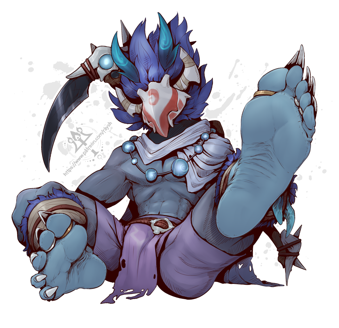 1boy, 2025, 5 toes, artist logo, barefoot, blue body, blue hair, blue skin, bottomwear, claws, clothed, clothing, digit ring, digital media (artwork), feet, foot fetish, foot focus, genshin impact, hair, hilichurls (species), horn, humanoid, humanoid feet, jewelry, kredri, male, male only, mammal, mask, mihoyo, muscular, muscular male, necklace, pants, plantigrade, purple pants, ring, scarf, scythe, simple background, sitting, soles, solo, solo male, toe claws, toe ring, toes, weapon, white background, white scarf, wrinkled feet, wrinkles