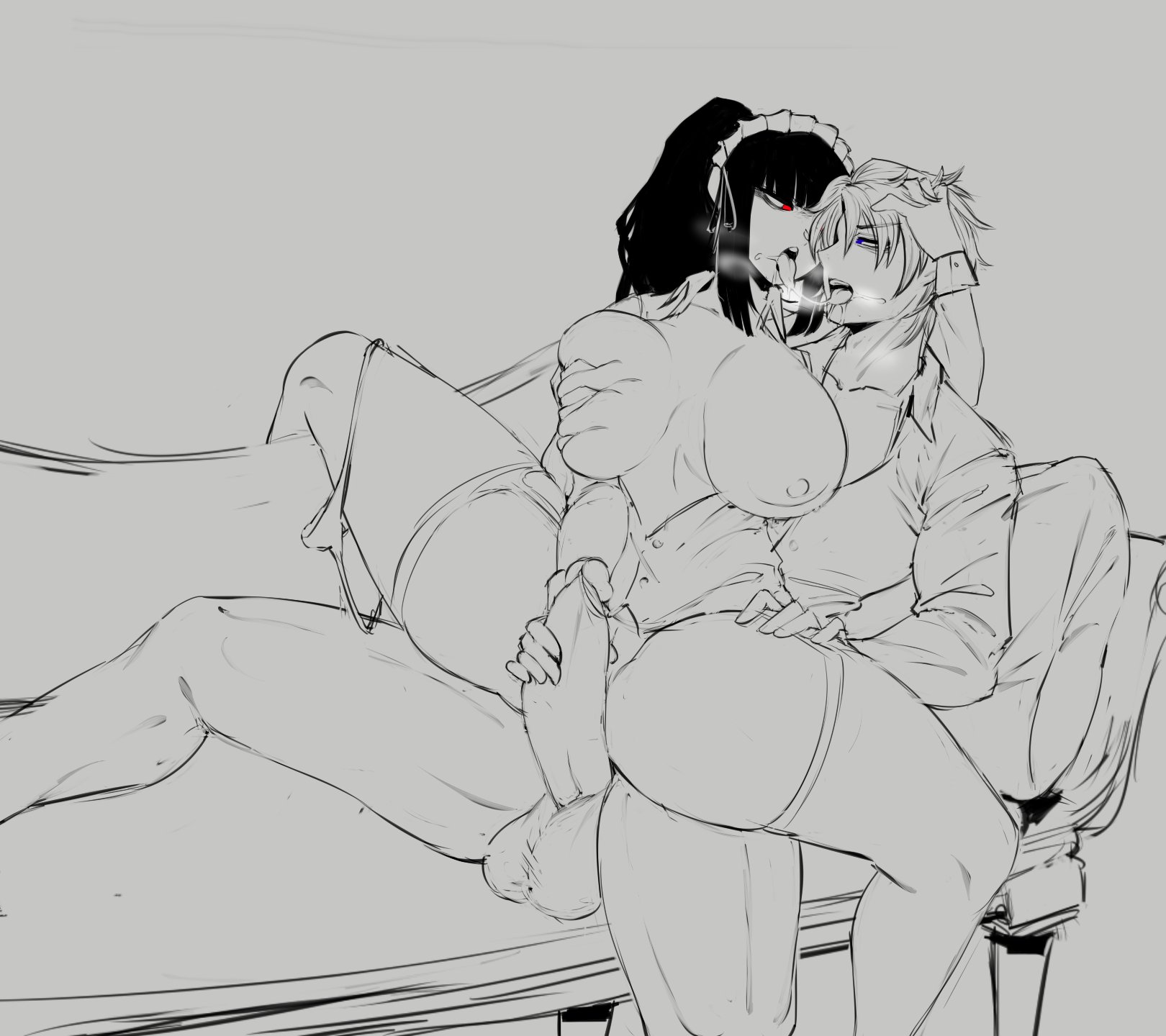 1boy, 1girls, 2d, balls, big balls, big breasts, big penis, black hair, breasts, dark-skinned male, dravisdraws, female, grabbing breasts, heathcliff (limbus company), imminent sex, limbus company, maid, male, penis, ponytail, project moon, red eyes, ryoshu (limbus company), saliva trail, spread legs, steamy, steamy breath, thick thighs, tongue kiss, tongue out