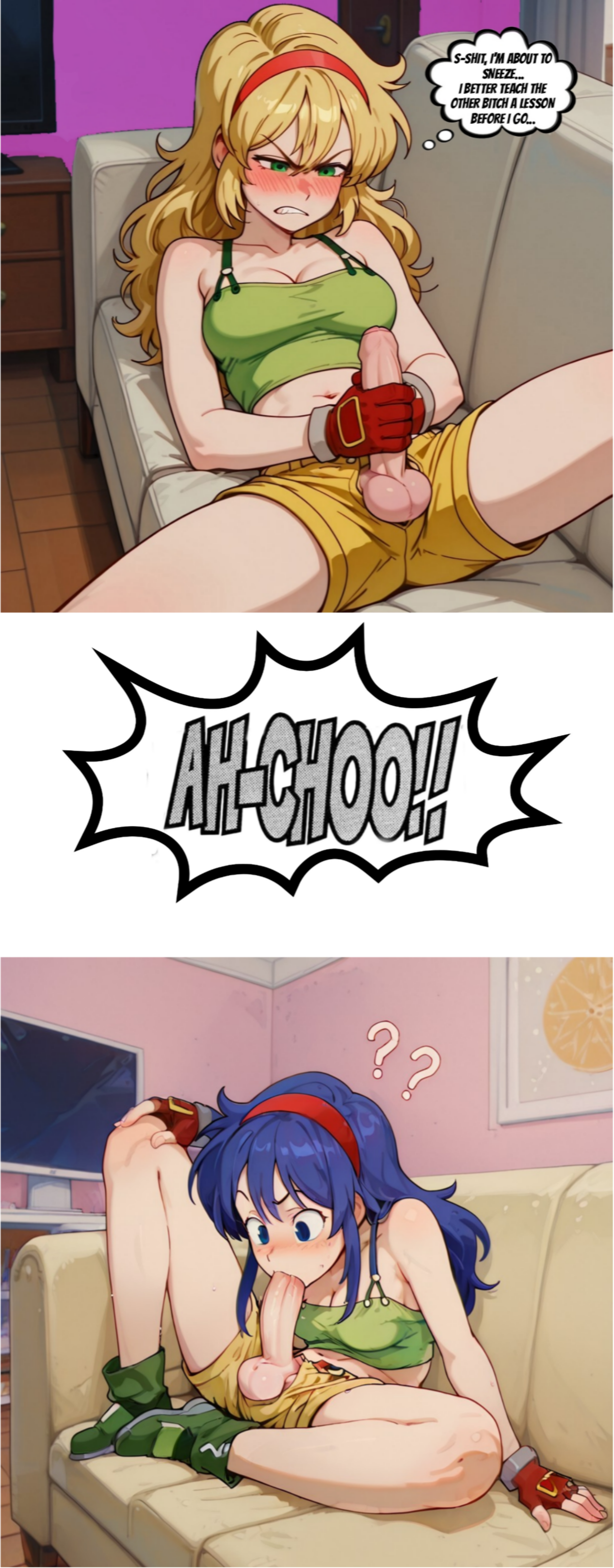 ?, 1girls, ai generated, autofellatio, balls, confused, confusion, contortion, dragon ball, dragon ball z, fazepepinito24, fellatio, female, futa, futanari, hand on leg, hand on penis, indoors, intersex, launch, looking at own penis, looking down, masturbation, penis, solo, sucking own penis, sucking penis, testicles, thinking, thought bubble, toei animation, touching penis