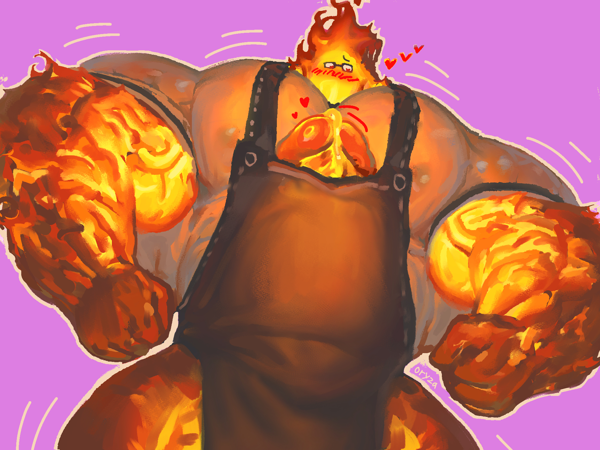 1boy, 1male, anthro, anthro male, apron, bara, blush, blush lines, erection, erection under apron, erection under clothes, erection under clothing, fire, fire elemental, fire hair, fists clenched, glasses, glowing, glowing body, glowing penis, grillby, heart symbol, heart-shaped pupils, hearts around head, hearts around penis, humanoid, humanoid genitalia, humanoid penis, hyper, hyper muscles, hyper penis, leaking precum, looking at viewer, looking down, male, male anthro, muscles, muscular, muscular anthro, muscular male, non-human, oryzaviridi, penis, penis dripping, pink background, precum, precum drip, precum dripping, shirt, solo anthro, solo male, tight clothing, tight shirt, undertale, veiny, veiny muscles, yaoi