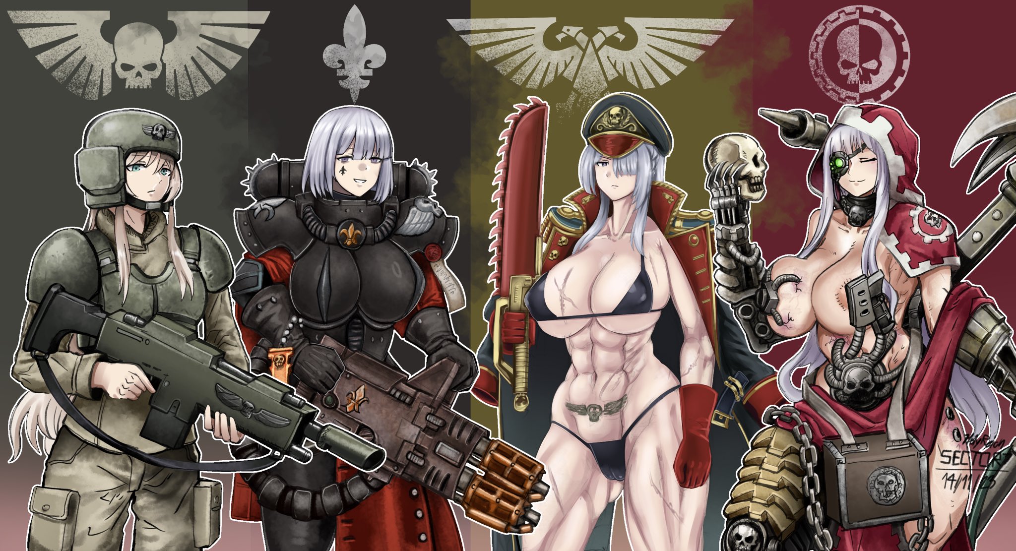 2d, 4girls, adepta sororitas, adeptus mechanicus, ak-12 (girls' frontline), ak-15 (girls' frontline), an-94 (girls' frontline), astra militarum, breasts, cameltoe, chainsword, commissar, female, female only, flamethrower, girls' frontline, guardswoman (warhammer 40k), gun, holy reich, imperial guard, imperium of man, lasgun, lineup, muscular, muscular female, power armor, power armor (warhammer), purity seal, rpk-16 (girls' frontline), sister of battle, sword, techpriest, warhammer (franchise), warhammer 40k