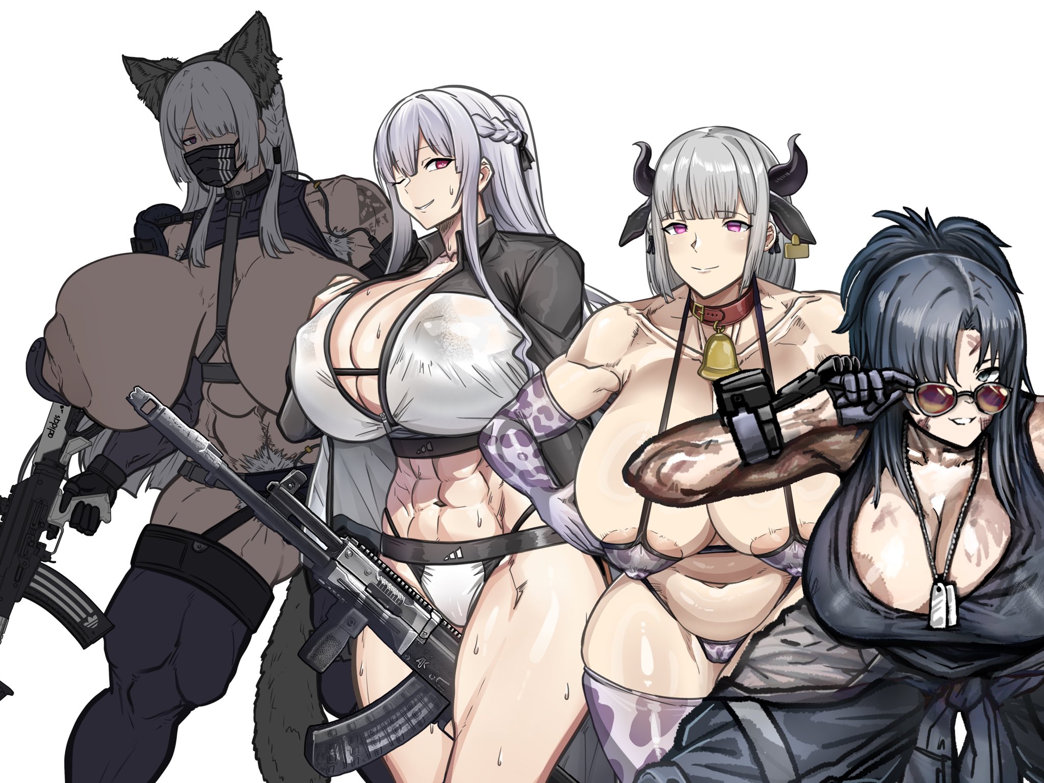 4girls, abs, ak-12 (girls' frontline), ak-15 (girls' frontline), angelia (girls' frontline), areola slip, breasts, female, girls' frontline, holy reich, huge breasts, muscular, muscular female, rpk-16 (girls' frontline), tagme