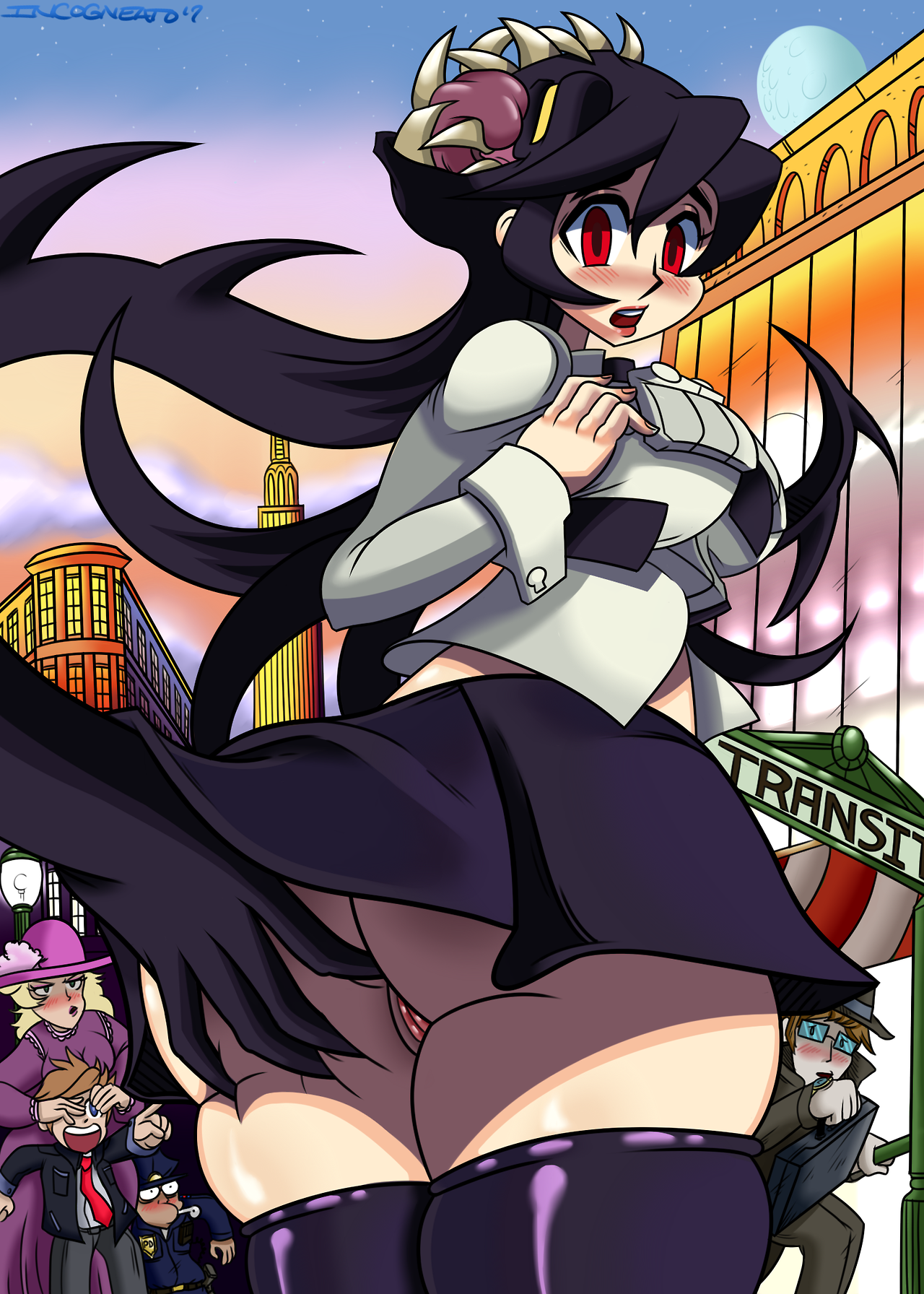 ass, ass grab, back view, blush, cameltoe, female, filia (skullgirls), groping, incogneato, no panties, partially visible vulva, pussy, samson (skullgirls), skullgirls, stockings, upskirt