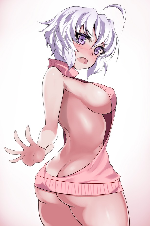 ass, breasts, female, hevn, looking at viewer, senki zesshou symphogear, virgin killer sweater, white hair, yukine chris