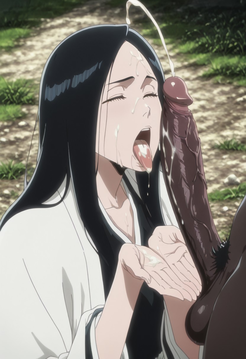 1boy, 1girls, ai generated, balls, big penis, black hair, black penis, bleach, bleach: the thousand-year blood war, closed eyes, cum, cum in mouth, cum on face, cum on tongue, cupping hands, dark skin, dark-skinned male, facial, female, haori, huge cock, interracial, kimono, large penis, light skin, light-skinned female, long hair, male, novaro1337, open mouth, own hands together, penis, testicles, tongue out, unohana retsu, unohana yachiru, veiny penis