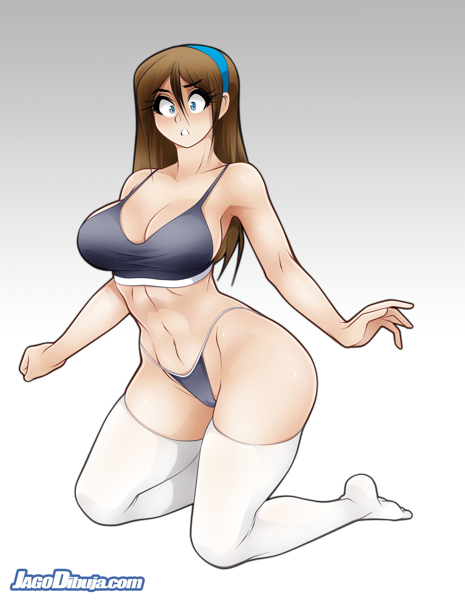 1girls, blue eyes, breasts, brown hair, cameltoe, cleavage, erika (living with hipstergirl and gamergirl), female, female only, huge breasts, jago dibuja, kneeling, living with hipstergirl and gamergirl, long hair, sports bra, sportswear, thighhighs, thong, voluptuous