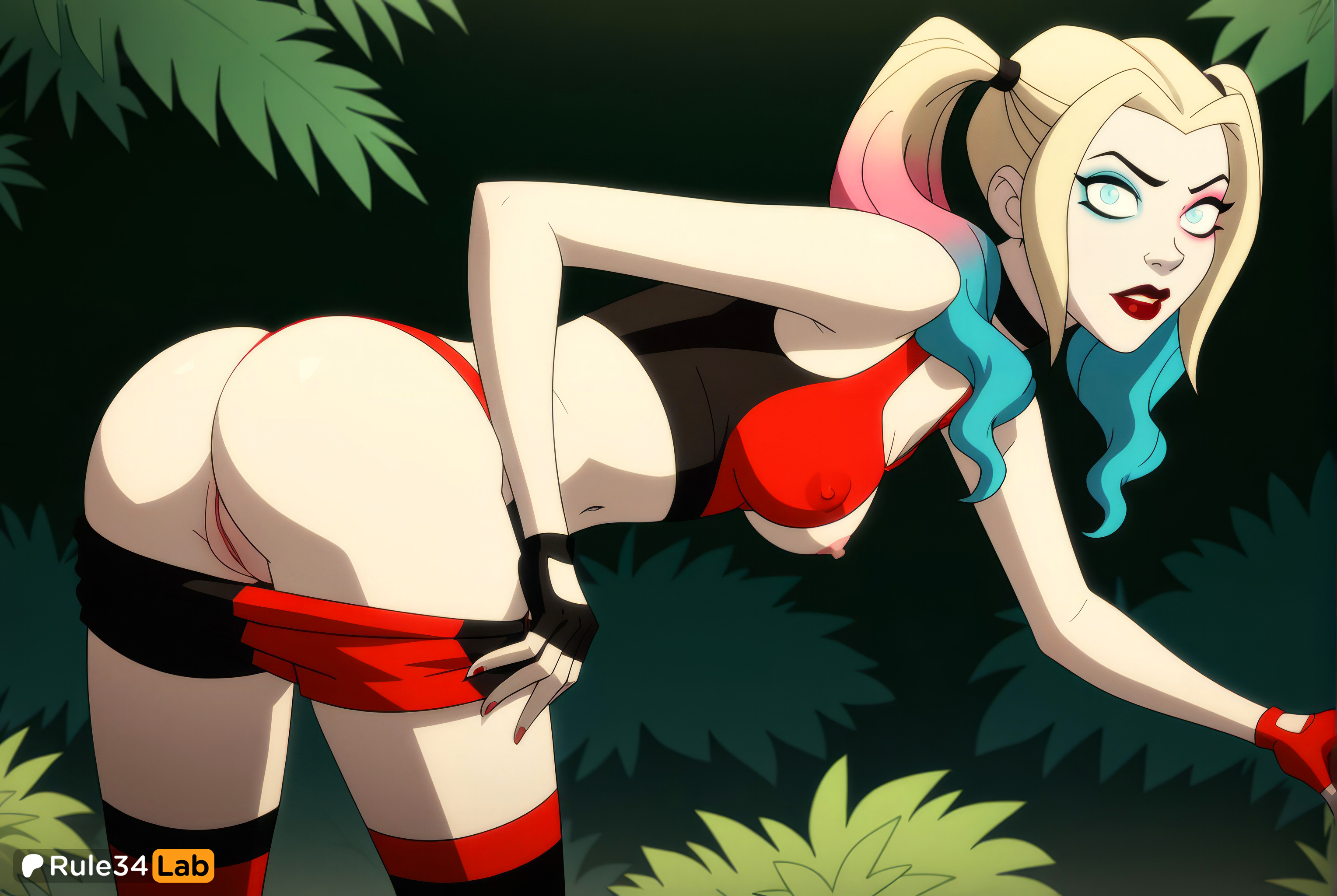 1girls, ai generated, ass, bent over, blonde hair, blonde-haired female, blue eyes, blue hair, breasts, clothes pull, covered nipples, crop top, dc, dc comics, eyeshadow, female, female only, fingerless gloves, gloves, gradient hair, harleen quinzel, harley quinn, harley quinn (series), hbo max, hi res, lipstick, long hair, looking at viewer, makeup, medium breasts, multicolored hair, nail polish, navel, nipples, one breast out, panties, pink hair, pulled by self, pussy, red lips, red nails, red panties, rule34lab, short shorts, shorts, shorts pull, solo, tank top, thighhighs, twintails, two-tone hair, uncensored, underwear, warner brothers