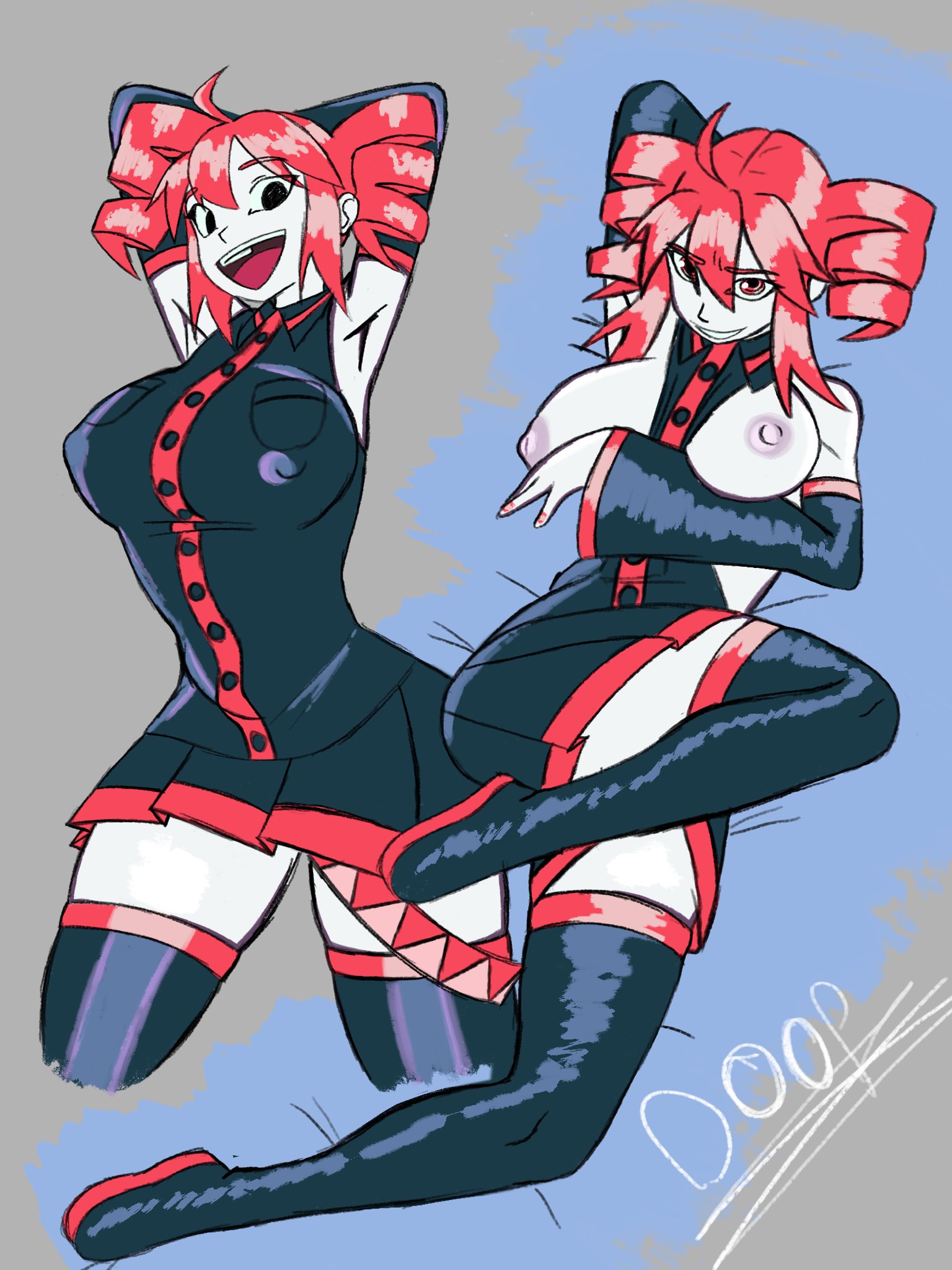 1girls, 2d, 2d (artwork), ahoge, areolae, armpits, arms behind head, arms up, artist name, big breasts, big thighs, breasts, clothed, clothed female, clothing, crossed legs, curvaceous, curvy, curvy female, curvy figure, detached sleeves, doopv12, female, female only, fully clothed, huge breasts, huge thighs, inviting, kasane teto, large breasts, large thighs, latex, latex armwear, latex thighhighs, laying down, laying on back, laying on bed, nail polish, nipple bulge, nipples, nipples visible through clothing, no bra, open mouth, painted nails, red eyes, red hair, red nails, seductive, seductive look, showing armpits, sidelocks, simple background, skindentation, skirt, slim female, slim waist, solo, solo female, thick thighs, thighhigh boots, thighhighs, thighs, twin drills, utau, wide hips