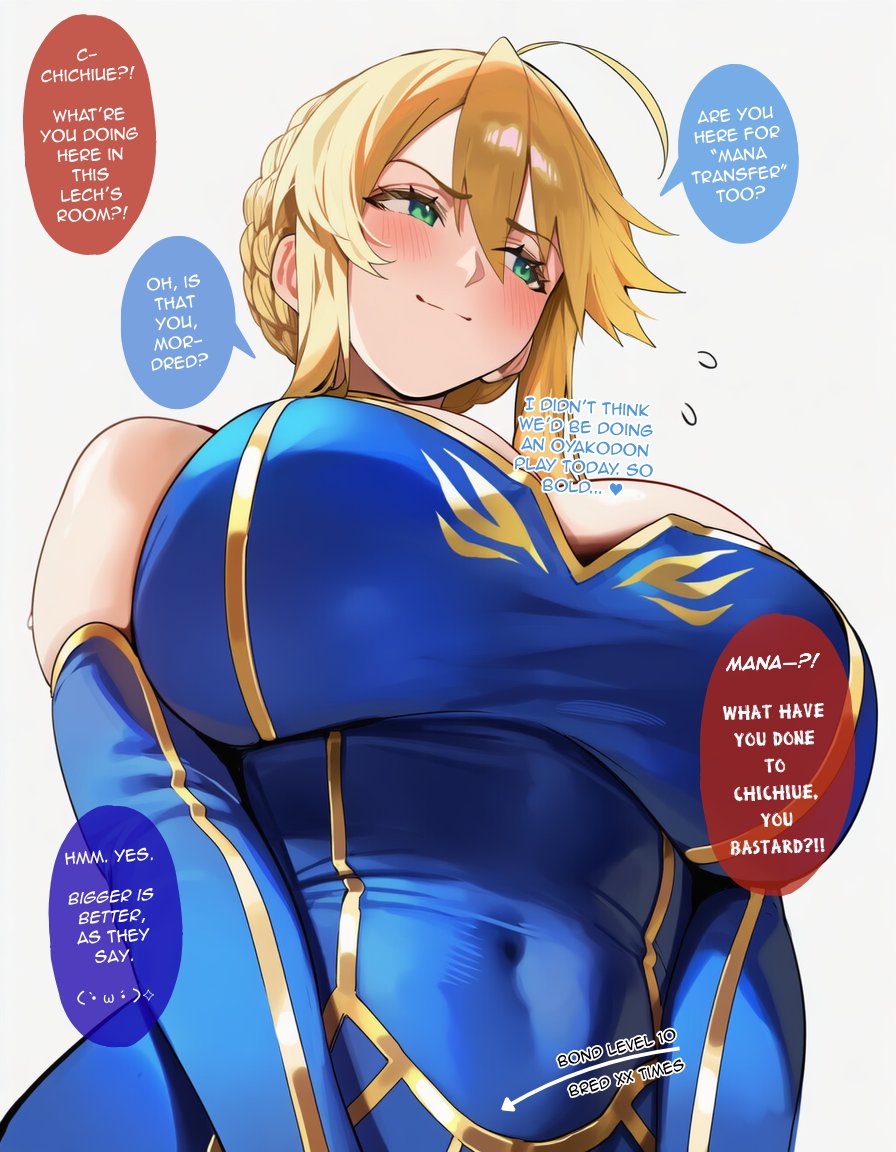 1girls, ahoge, ai generated, artoria pendragon, artoria pendragon (lancer), big breasts, blonde female, blonde hair, blush, breasts, comic page, english text, fate (series), fate/grand order, female, female only, green eyes, henrik n, huge breasts, light-skinned female, looking at viewer, looking away, looking down, mordred (fate), nervous, nervous smile, solo, text