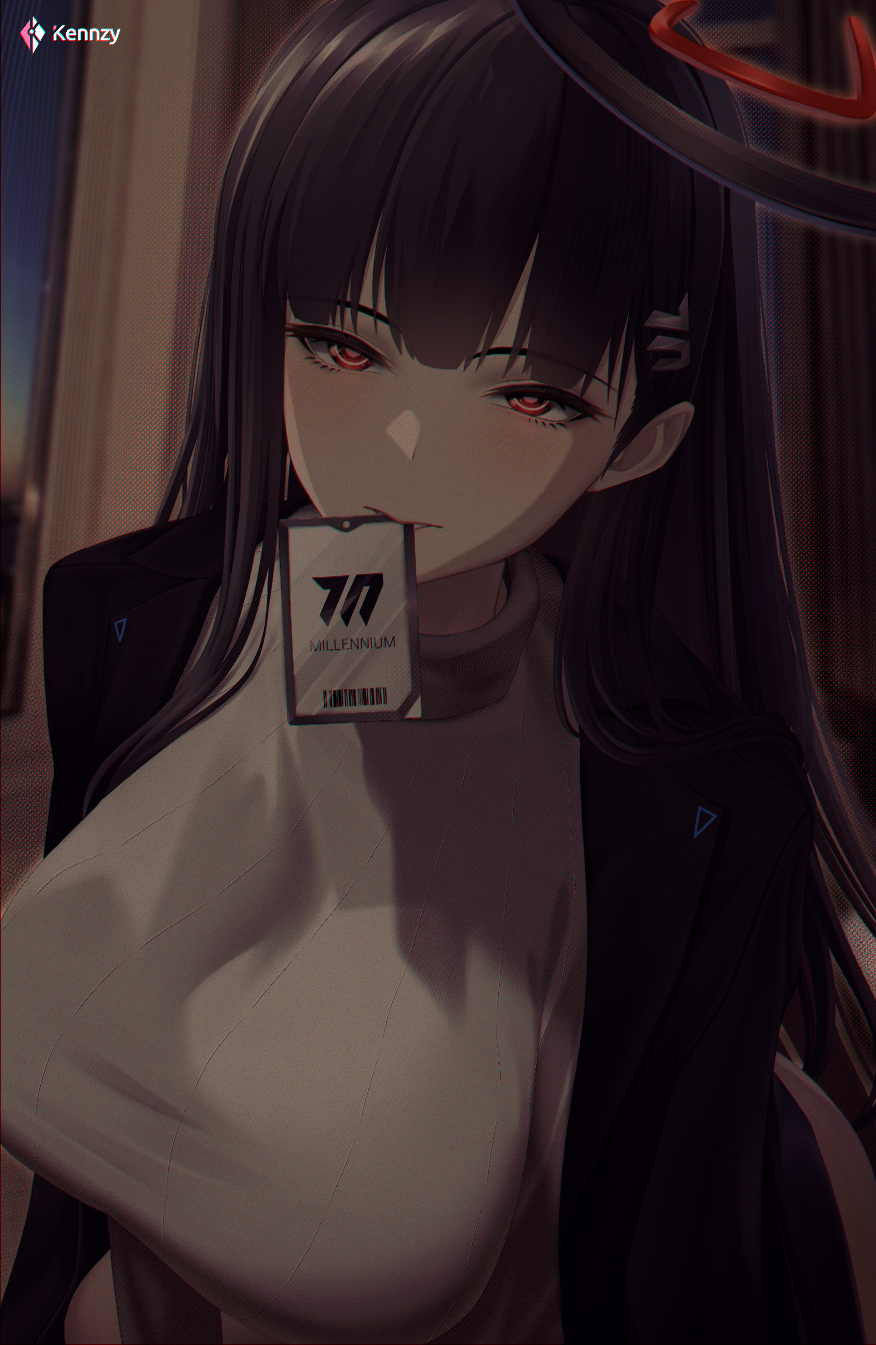 absurdres, artist name, black hair, black jacket, blue archive, blunt bangs, blush, breasts, commentary, english commentary, female, female only, hair ornament, hairclip, halo, highres, huge breasts, id card, indoors, jacket, kenn artz, long hair, looking at viewer, mouth hold, open clothes, open jacket, paid reward available, red eyes, red halo, ringed eyes, rio (blue archive), shirt, solo, turtleneck, upper body, white shirt