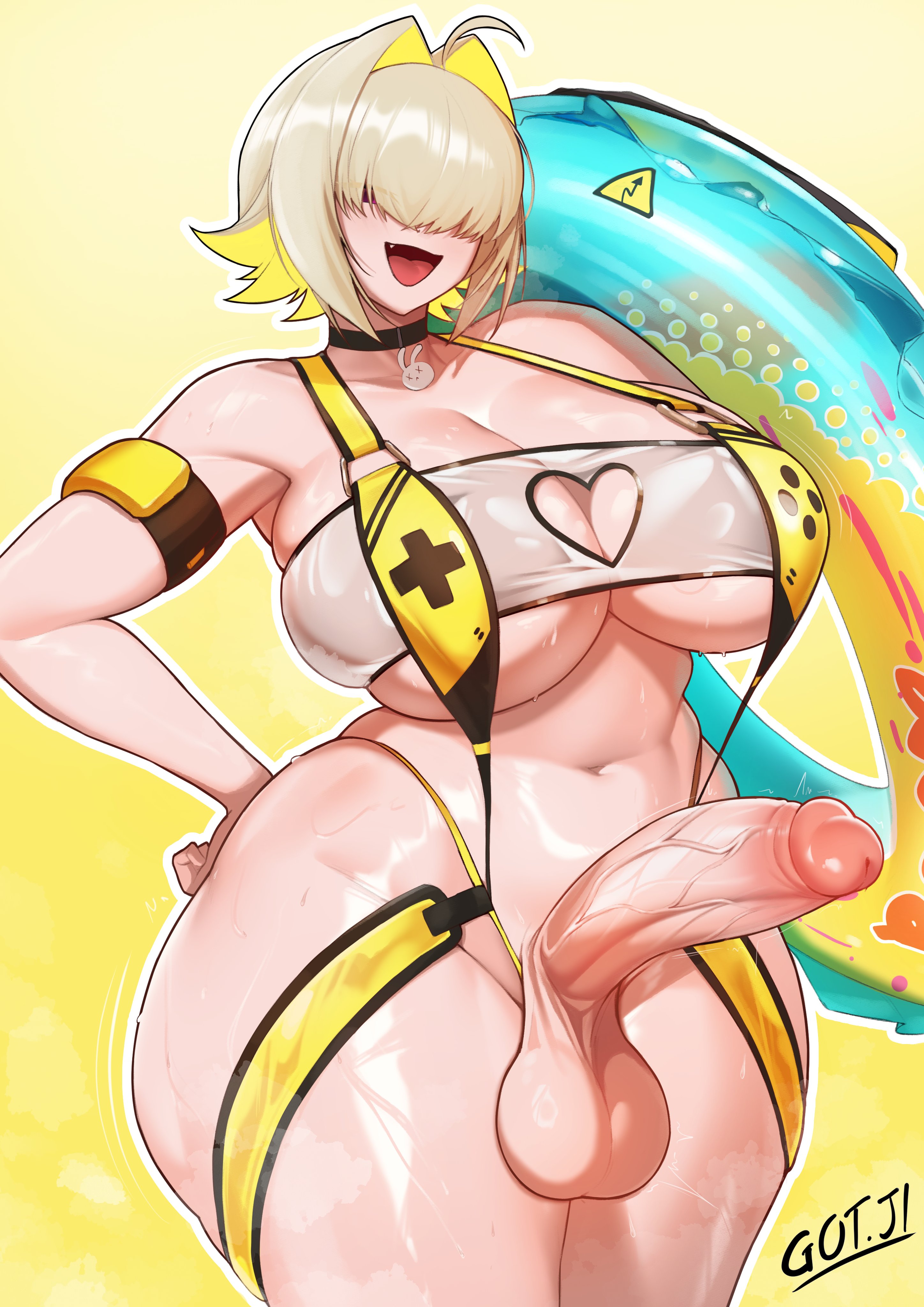 1futa, bangs, bangs over eyes, blonde hair, breasts, clothed, clothing, elegg (boom and shock) (nikke), elegg (nikke), erection, floatie, futa only, futanari, goddess of victory: nikke, gojich1, hand on hip, huge breasts, huge cock, human, intersex, light skin, light-skinned futa, mostly nude, open mouth, penis, smiling, solo, standing, swimsuit, thick thighs, wide hips