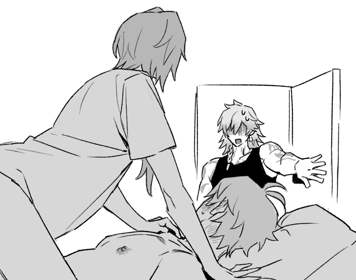 ahoge, anaxa (honkai: star rail), caught in the act, honkai: star rail, implied sex, monochrome, mydei (honkai: star rail), on top, phainon (honkai: star rail), surprised