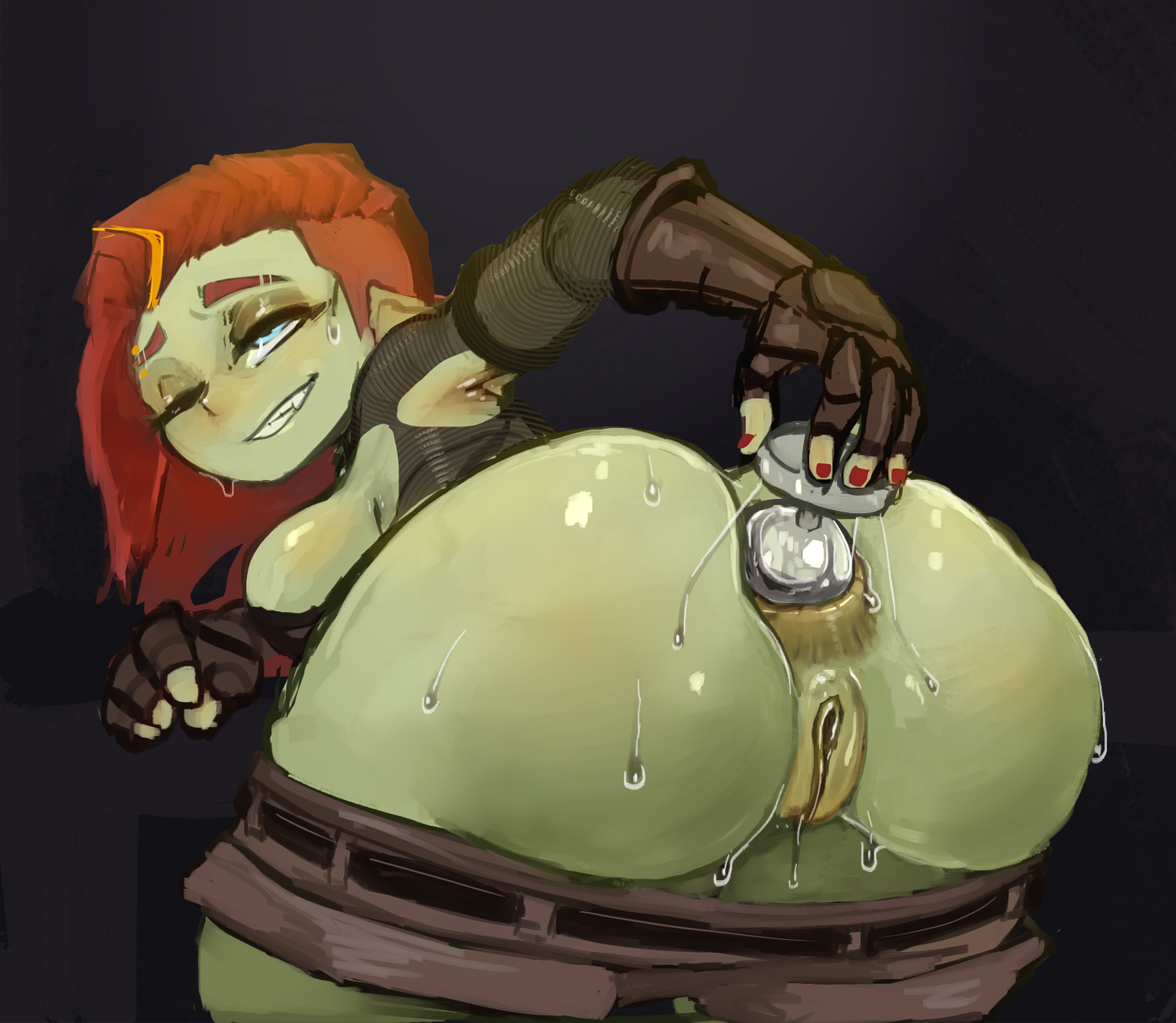 1girls, 2025, anal, anal fluids, anal insertion, anal juice, anus, ass, big ass, big butt, blue eyes, buttplug, dddoodles, female, female focus, female only, gloves, goblin, goblin female, green skin, long hair, looking at viewer, looking back, painted nails, pants down, pleasure face, pussy, pussy juice, red hair, repost, sex toy, shorts, shortstack, smile, solo, solo female, solo focus, source request, sweat