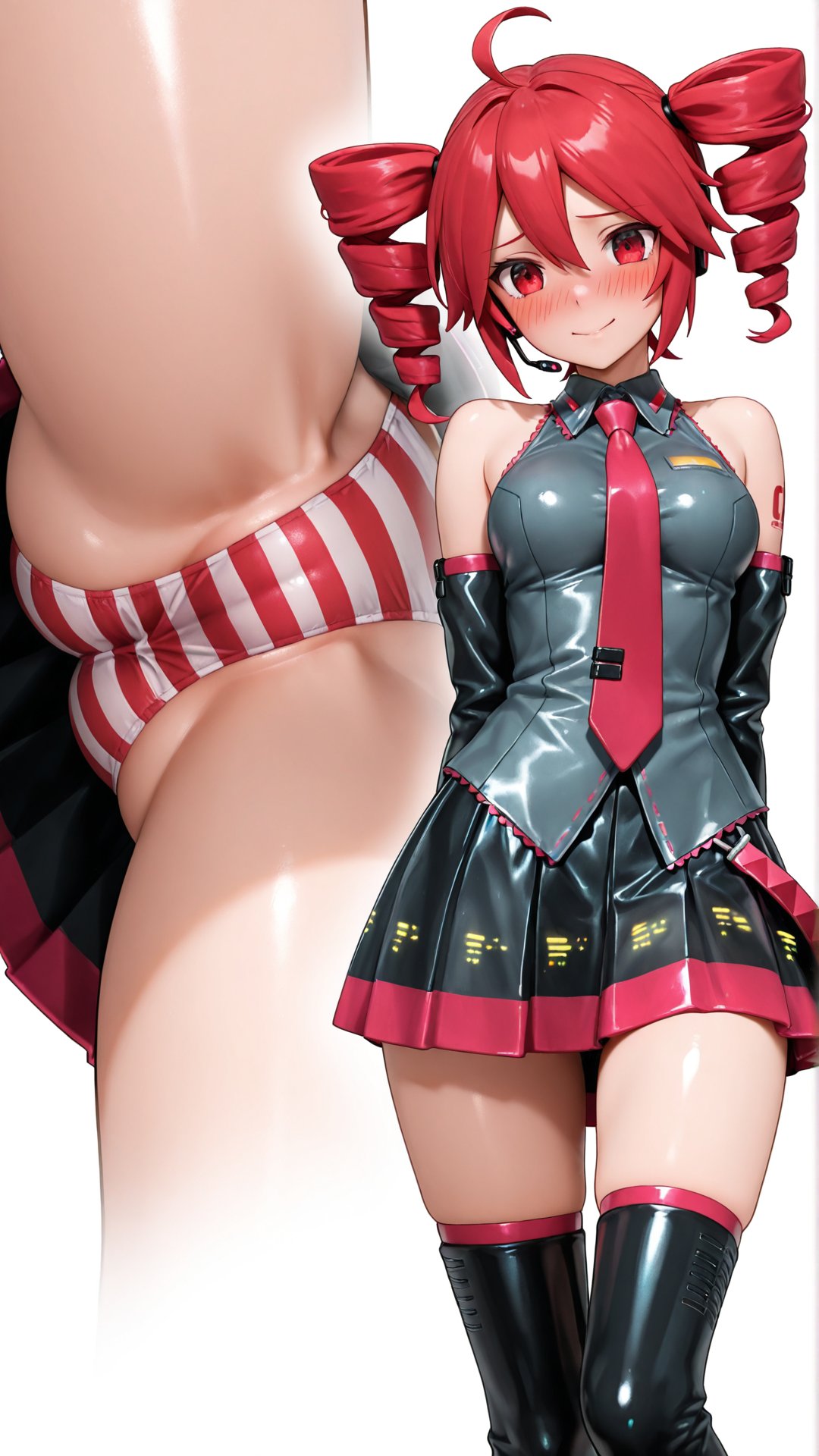 1girls, ahoge, ai generated, arms behind back, ass, bare shoulders, blush, breasts, cameltoe, clothed, clothed female, clothing, detached sleeves, embarrassed, embarrassed female, female, female only, fully clothed, granat ai, headgear, kasane teto, latex, latex clothing, latex skirt, latex thighhighs, low-angle view, necktie, panties, panty peek, pantyshot, petite, petite body, petite female, pleated skirt, plump, plump labia, plump pussy, pussy, red eyes, red hair, shiny, simple background, skindentation, skirt, slim waist, small breasts, solo, solo female, spread legs, striped panties, thick thighs, thighs, twin drills, upskirt, utau, white background, wide hips