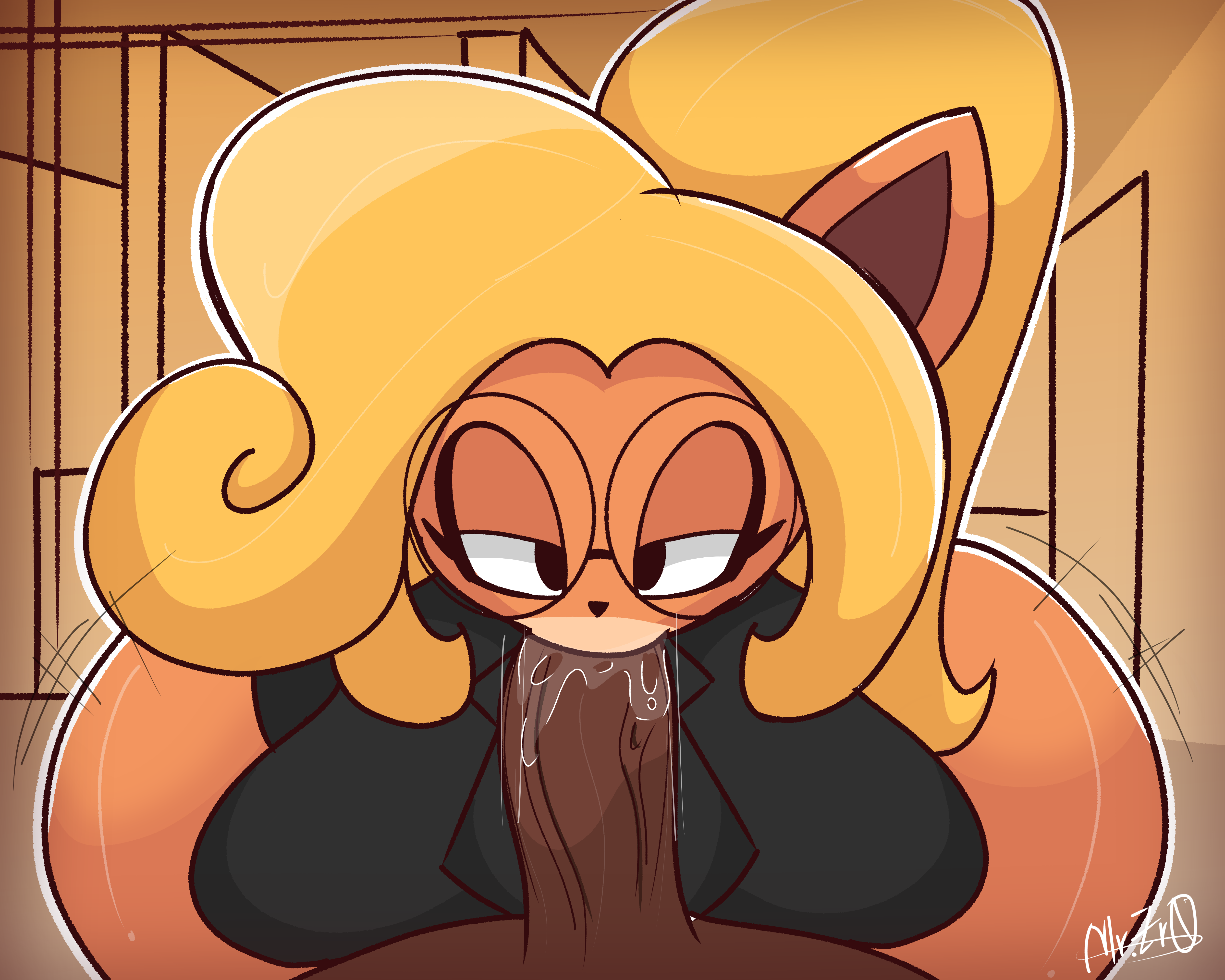 1girls, anthro, ass, blonde hair, blowjob, bottom heavy, breasts, bubble butt, casual, clothed, clothing, coco bandicoot, crash (series), dark skin, dark-skinned male, eyewear, female, fur, furry, glasses, huge ass, interspecies, male, mr.zr0, oc, office lady, outerwear, suit, topwear