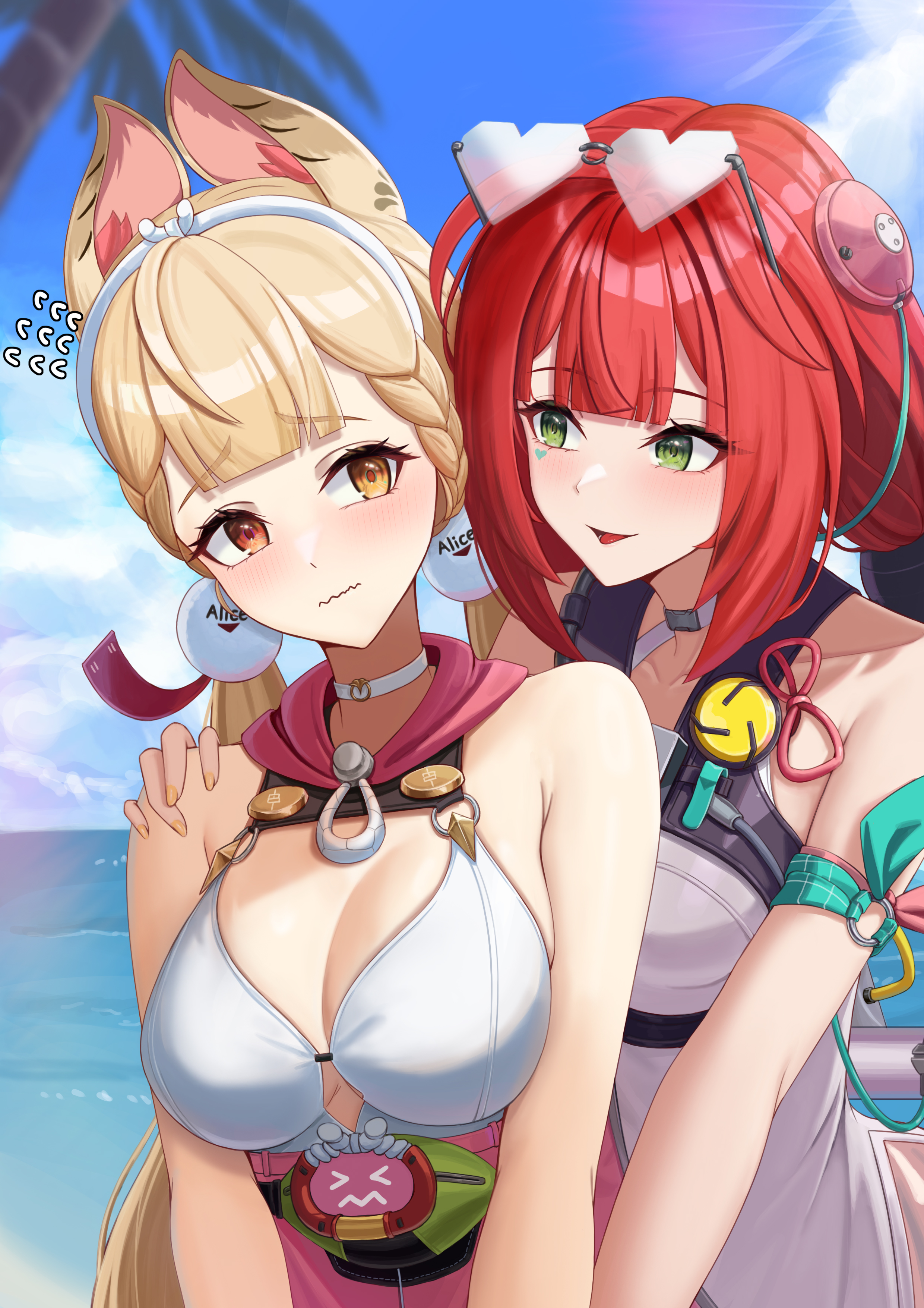 2girls, alice thymefield, alice thymefield (sea of thyme), animal ears, armband, blonde hair, blonde-haired female, breasts, choker, cleavage, color, colored, commonalty, embarrassed, embarrassed female, eyewear, eyewear on head, female, female focus, female only, fingernail polish, fully clothed, fully clothed female, glasses, green eyes, green-eyed female, hair accessory, hair ornament, hand on shoulder, headwear, heart-shaped eyewear, hi res, high res, high resolution, highres, hoyoverse, looking at another, looking at partner, mihoyo, nail polish, official alternate costume, one-piece swimsuit, open mouth, red hair, red-haired female, shoulders, smile, smiling, smiling at another, smiling at partner, swimsuit, twintails, twintails (hairstyle), ukinami yuzuha, ukinami yuzuha (tanuki in broad daylight), white choker, yellow eyes, yellow fingernails, yellow nails, yellow-eyed female, yuri, zenless zone zero