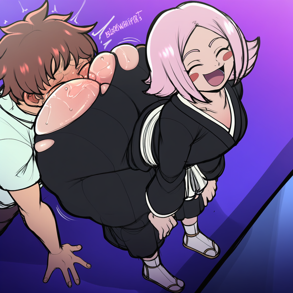 1boy, 1girls, ai generated, analover21, anilingus, arched back, ass, big ass, bleach, breasts, duo, eating ass, face in ass, female, huge ass, kusajishi yachiru, light-skinned female, light-skinned male, male, novelai, shortstack, torn clothes