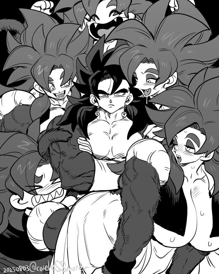 1boy, 2d, 2d (artwork), 5girls, annoyed, arms crossed, big ass, big breasts, blush, breasts, clones, corelessmoter, dragon ball, dragon ball gt, drooling, female, female gogeta, fur, fusion, gogeta, male, male saiyan, metamoran clothing, metamoran fusion, muscular, muscular female, muscular male, potara earrings, potara fusion, rule 63, saiyan, saiyan female, smiling, super dragon ball heroes, super saiyan 4, sweat, tail, teasing, vegetto, vegito, wide hips