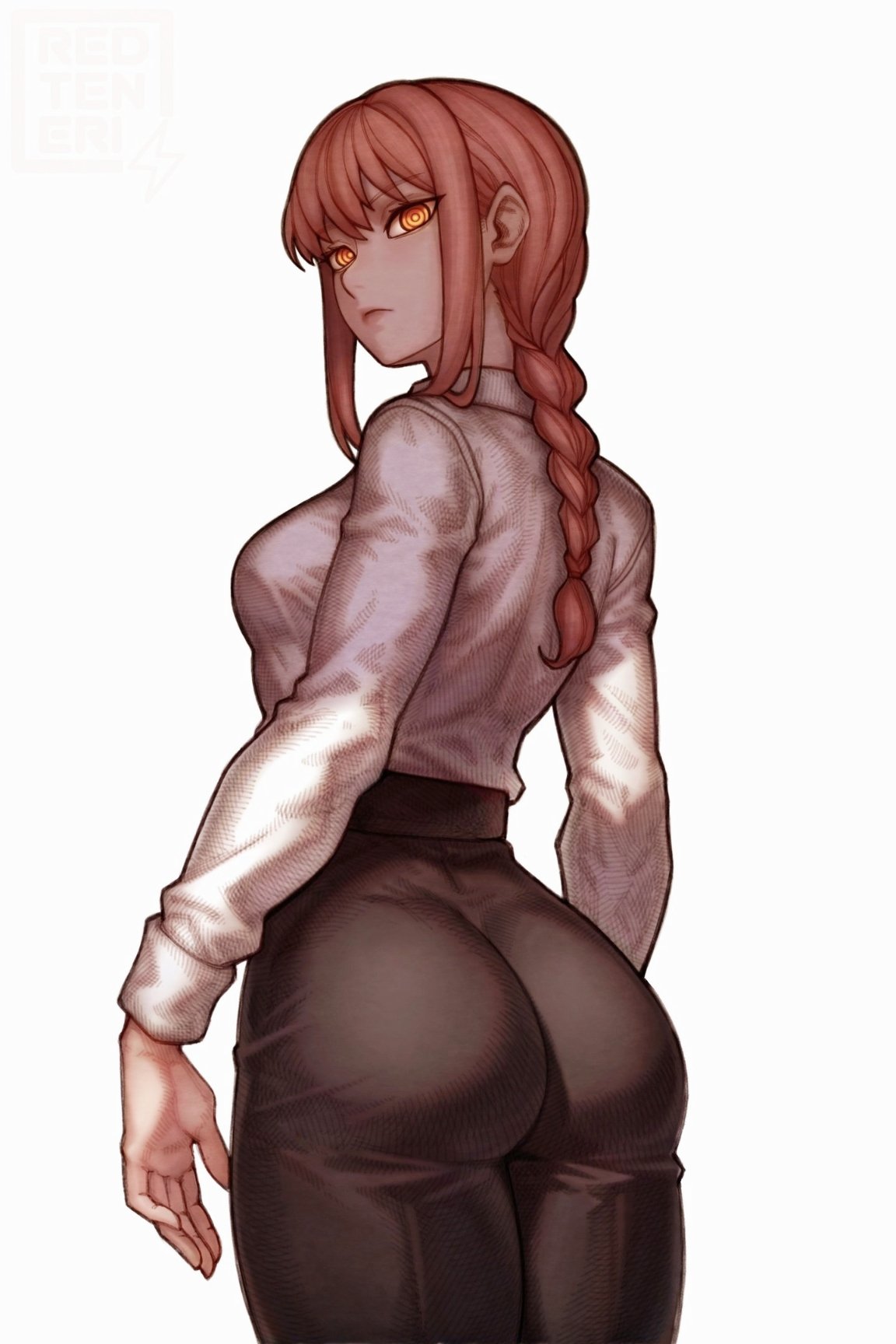 ass, black pants, blunt bangs, braid, braided ponytail, breasts, chainsaw man, commentary, english commentary, female, female only, formal clothes, from behind, high-waist pants, highres, long sleeves, looking at viewer, looking back, makima (chainsaw man), medium breasts, medium hair, pants, ponytail, red hair, redteneri, ringed eyes, shirt, sideboob, sidelocks, solo, suit, sweater, sweater tucked in, turtleneck, turtleneck sweater, white background, white shirt, white sweater, yellow eyes