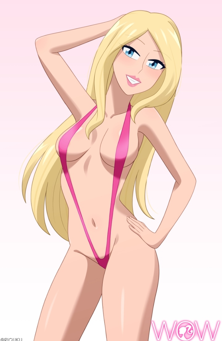 1girls, 2025, barbara millicent roberts, barbie, barbie (franchise), bikini, blonde hair, blue eyes, breasts, commission, deviantart, deviantart link, digital media (artwork), female, female only, female protagonist, full body, hand on head, hand on hip, human, light-skinned female, long hair, looking at viewer, mattel, medium breasts, no ai, one-piece swimsuit, pale skin, pale-skinned female, pink bikini, pink swimsuit, riouku, slim waist, sling bikini, slingshot bikini, slingshot swimsuit, smile, smiling, solo, swimsuit, very long hair