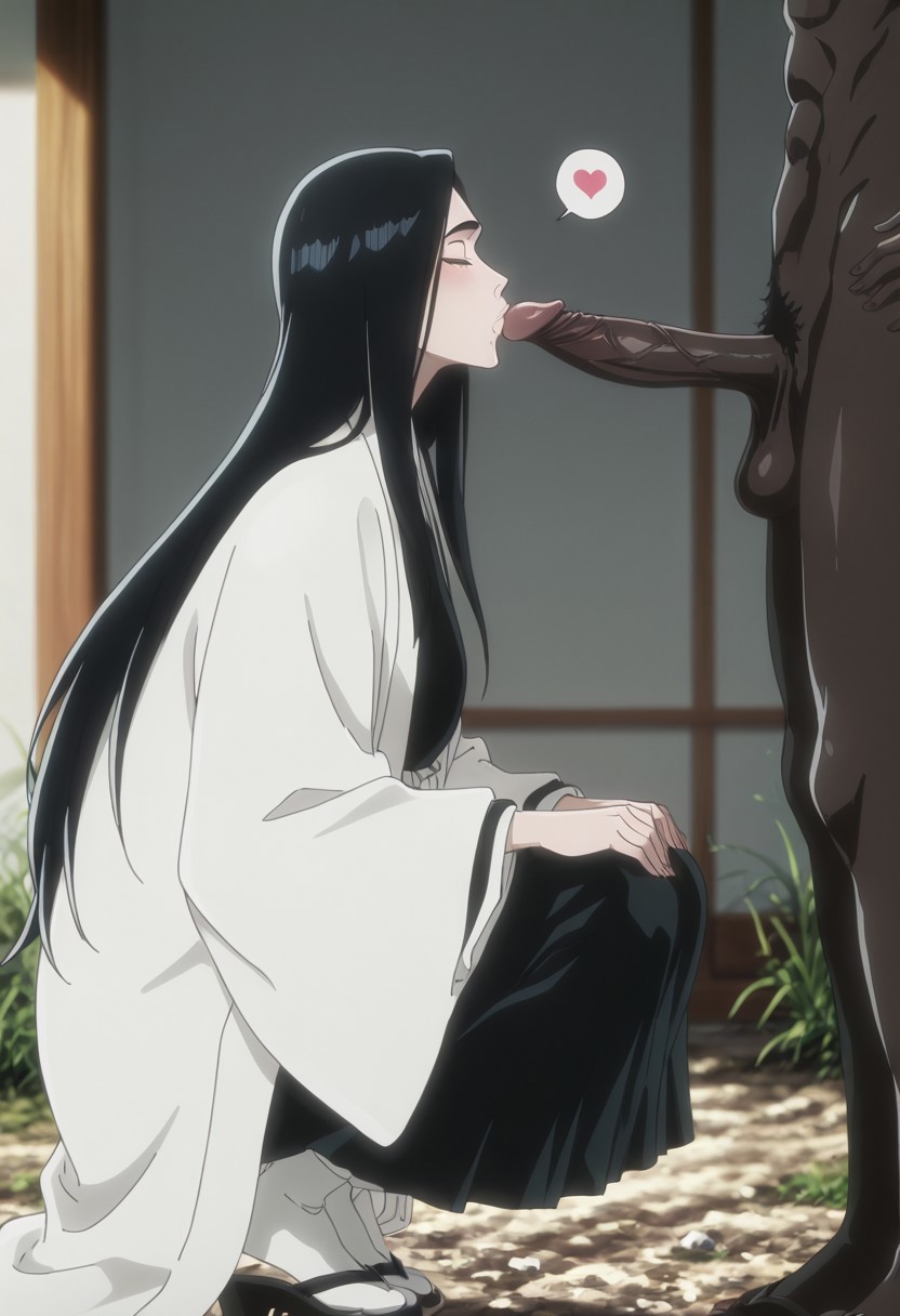 1boy, 1girls, ai generated, balls, big penis, black hair, black penis, bleach, bleach: the thousand-year blood war, blush, closed eyes, dark skin, dark-skinned male, female, from side, hands on knees, haori, huge cock, interracial, kimono, kissing penis, kissing penis tip, large penis, light skin, light-skinned female, long hair, male, novaro1337, oral, oral sex, penis, penis kiss, sandals, squatting, testicles, unohana retsu, unohana yachiru, veiny penis, white haori