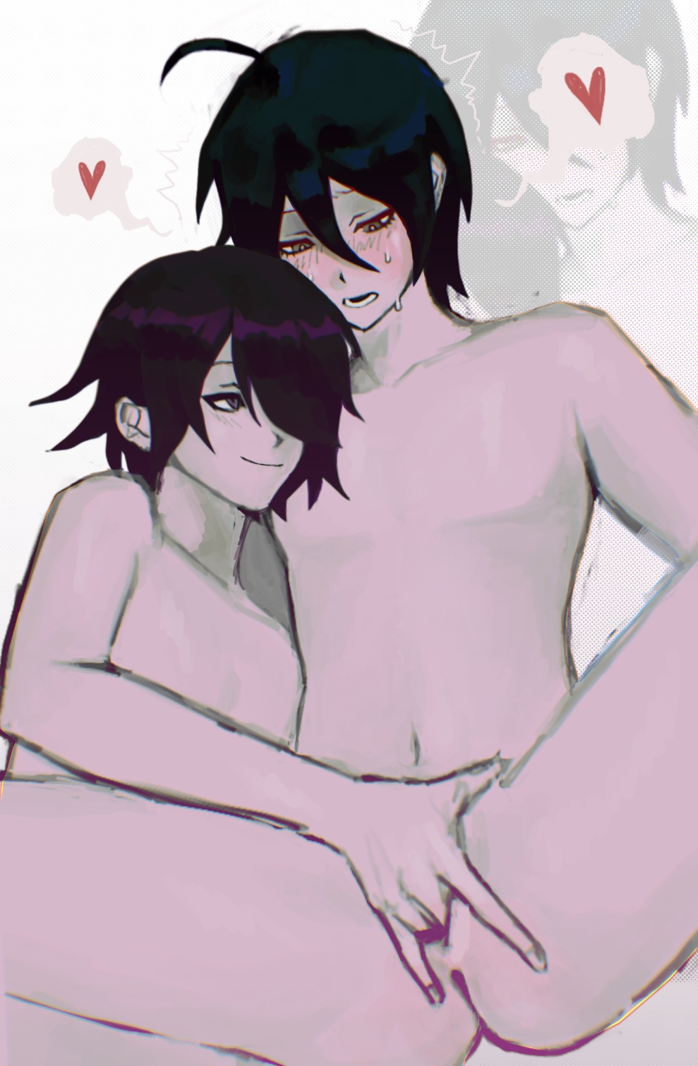 blue hair, chiikawafart, cuntboy, cuntboy on cuntboy, danganronpa, danganronpa v3, fingering, fingering partner, green eyes, intersex, kokichi ouma, ouma kokichi, overstimulation, purple eyes, purple hair, saihara shuichi, saihara shuuichi, shuichi saihara, transmasc, vaginal, vaginal fingering