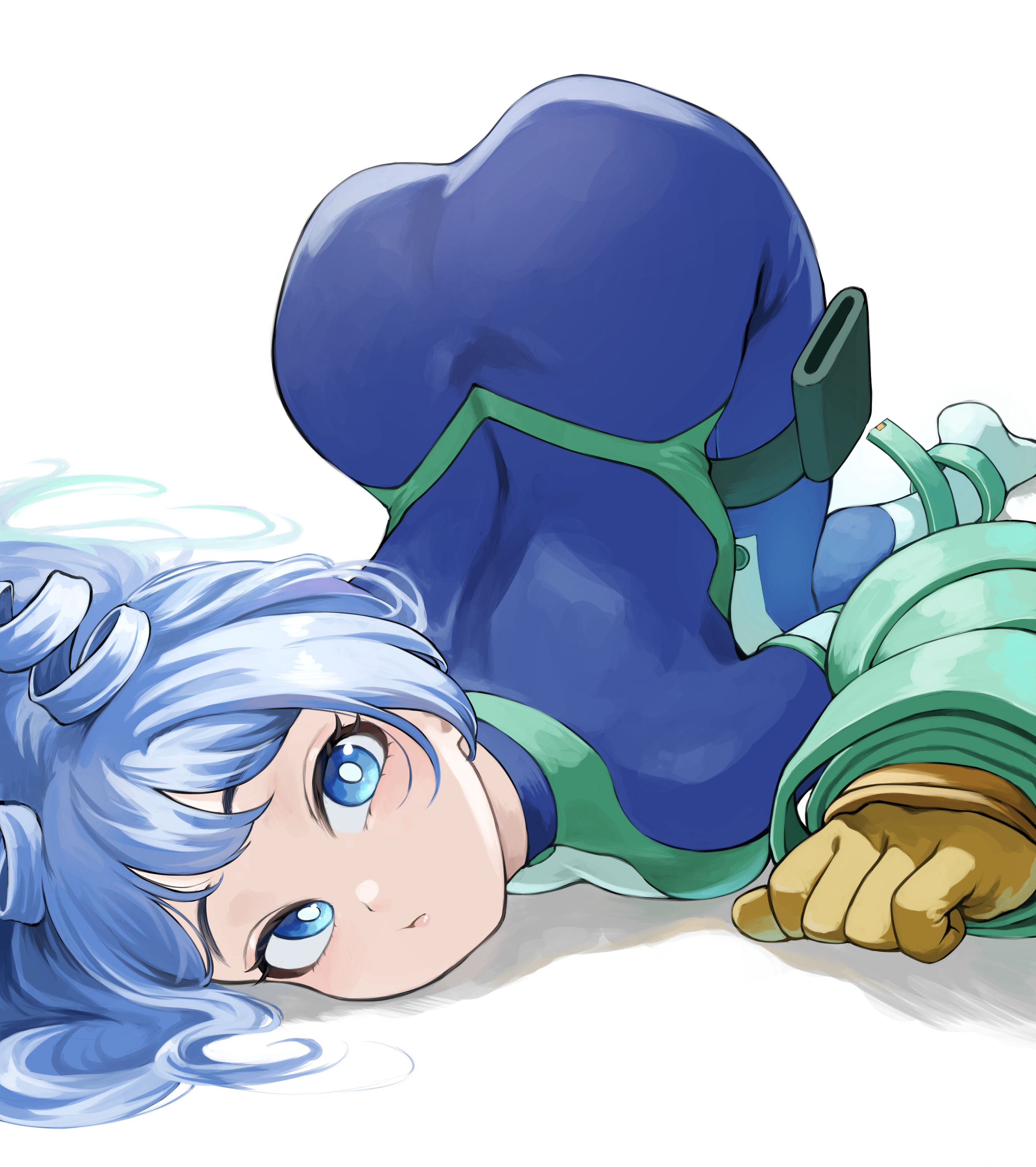 1girls, absurdres, ass, blue bodysuit, blue eyes, blue hair, blue-haired female, bodysuit, breasts, closed mouth, drill hair, female, female only, fengling (furin-jp), gloves, green bodysuit, hado nejire, hair horns, highres, large breasts, looking at viewer, multicolored bodysuit, my hero academia, nejire hado, short hair, simple background, skin tight, solo, superhero costume, top-down bottom-up, twin drills, white background, yellow gloves