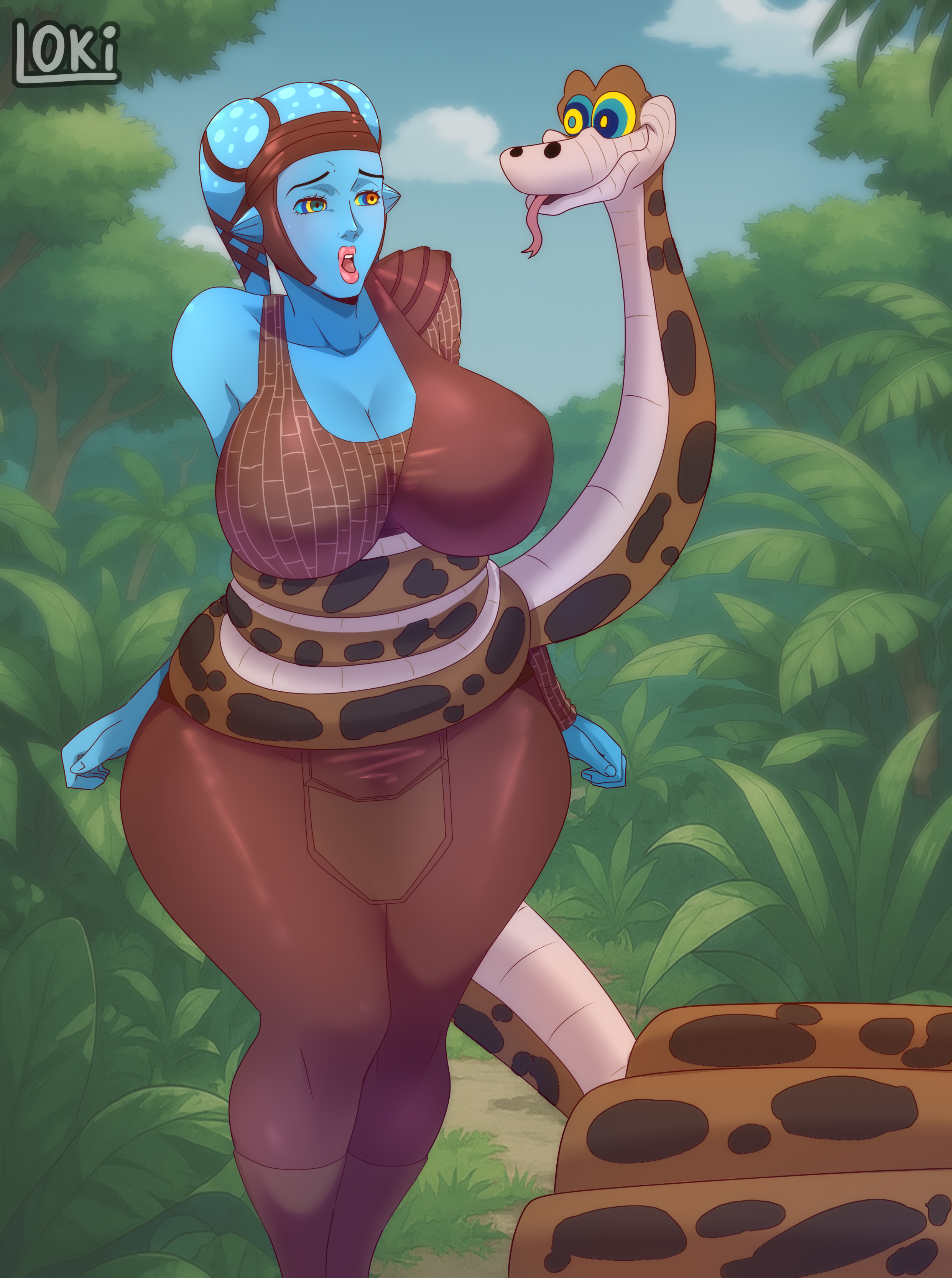 1boy, 1girls, aayla secura, big breasts, blue skin, breasts, cleavage, crossover, female, huge breasts, hypnosis, kaa, large breasts, lokidrawsart, male, mind control, snake, star wars, the jungle book, thick thighs, thighs bigger than head