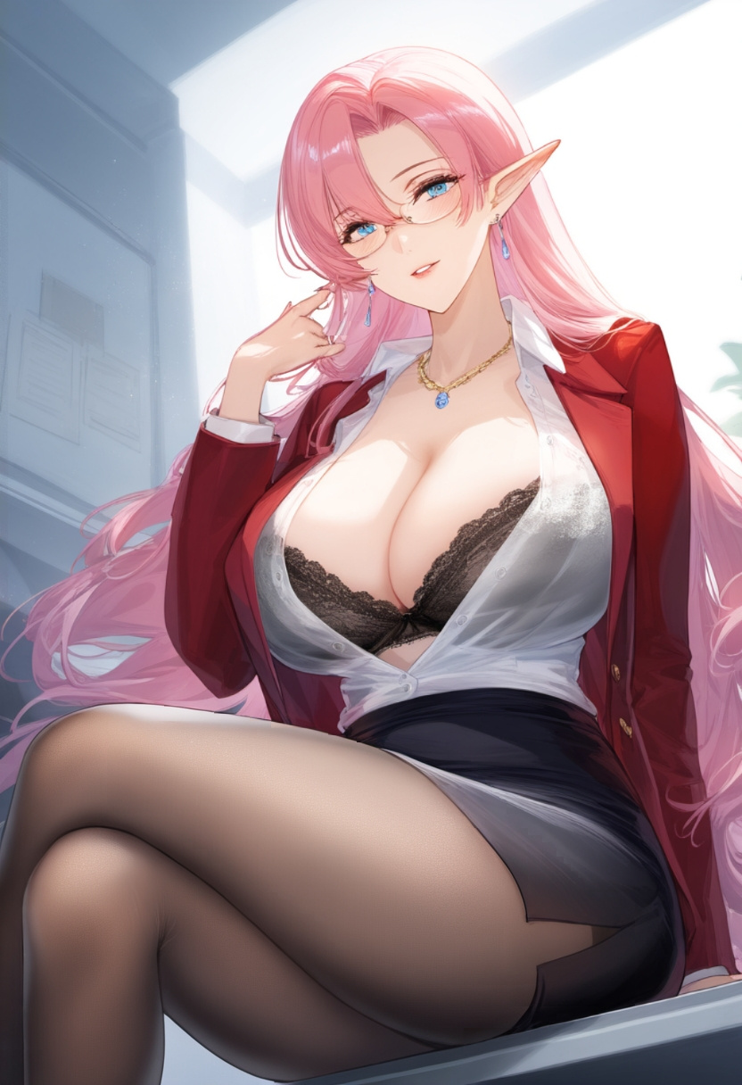 azur_lane black_bra black_skirt blue_eyes blush bra breasts brown_pantyhose cg cleavage collarbone collared_shirt crossed_legs desk dress_shirt duke_of_york_(azur_lane) duke_of_york_(the_chic_counselor)_(azur_lane) earrings elf feet_out_of_frame female glasses hair_between_eyes hand_up high-waist_skirt indoors jacket jewelry lace-trimmed_bra lace_trim large_breasts long_hair long_sleeves looking_at_viewer miniskirt necklace official_art open_clothes open_jacket open_shirt pantyhose parted_bangs parted_lips partially_unbuttoned pencil_skirt pink_hair pointy_ears red_jacket see-through shirt shirt_tucked_in side_slit sitting skirt smile solo thighs underwear very_long_hair white_shirt