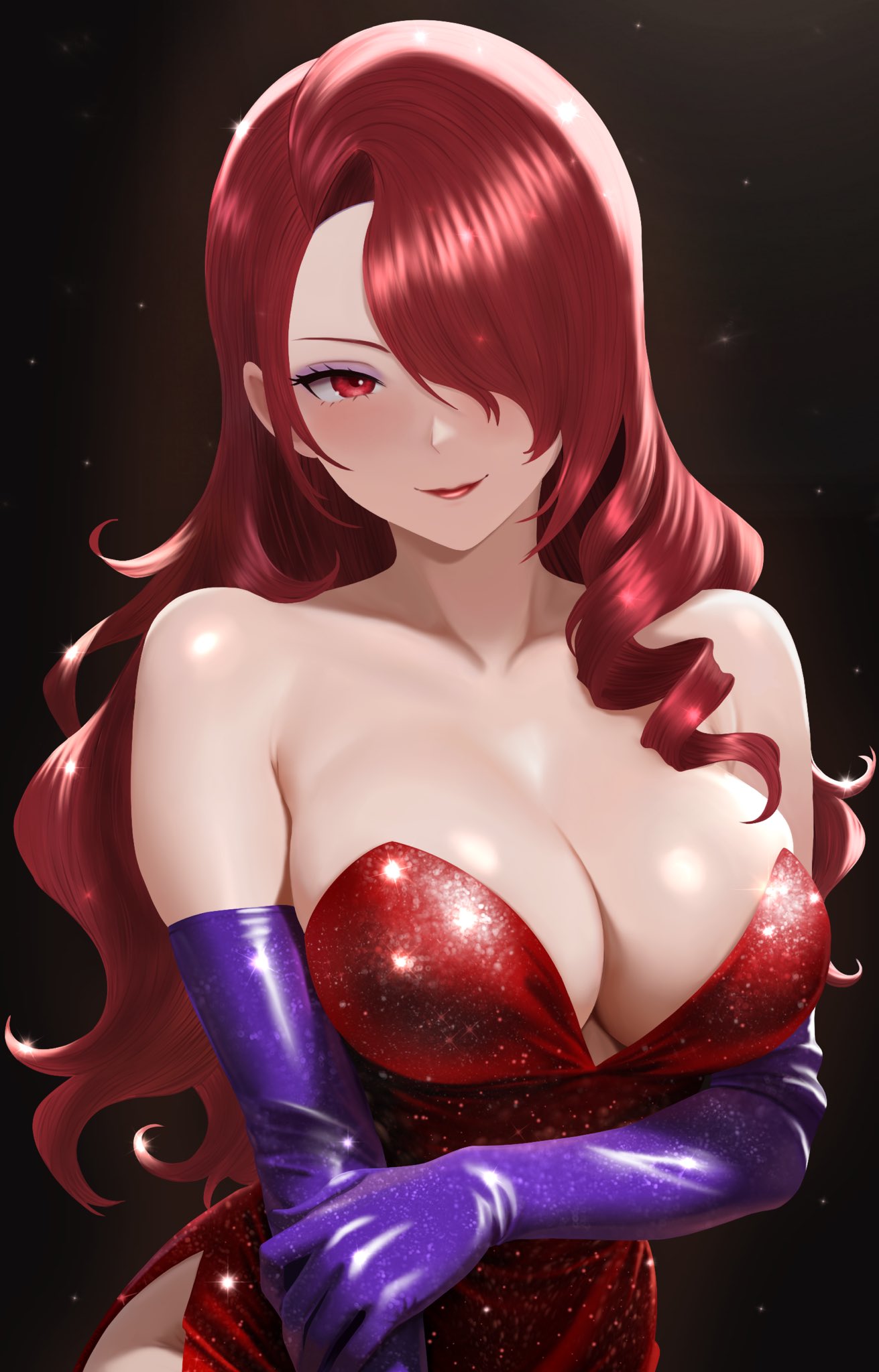 bare shoulders, blush, breasts, cleavage, collarbone, cosplay, dress, eyeshadow, female, female only, gloves, hair over one eye, highres, jessica rabbit, jessica rabbit (cosplay), kirijou mitsuru, large breasts, lipstick, long hair, looking at viewer, makeup, mikan zakuro, mitsuru kirijo, persona, persona 3, purple eyeshadow, purple gloves, red dress, red eyes, red hair, red lips, red lipstick, smile, solo, wavy hair, who framed roger rabbit