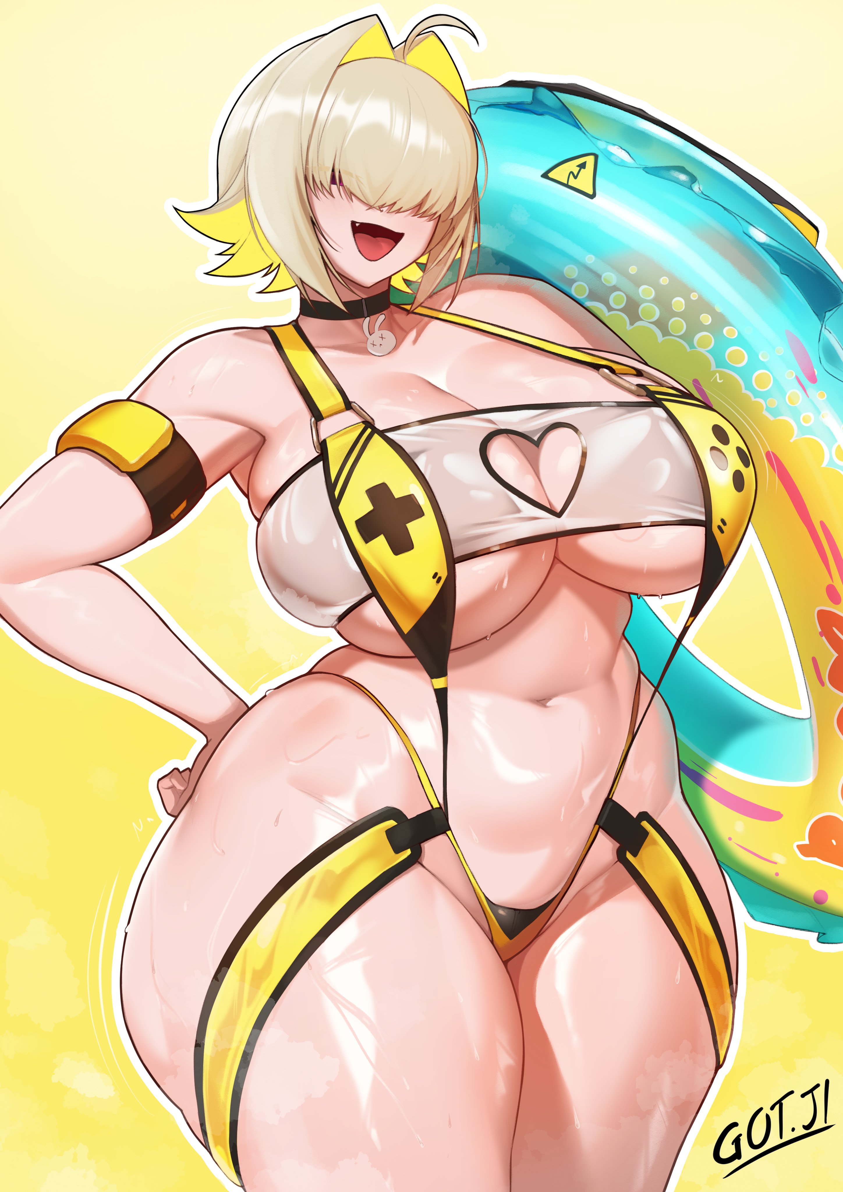 1girls, ahoge, bangs, bangs over eyes, blonde hair, breasts, choker, cute fang, elegg (boom and shock) (nikke), elegg (nikke), female, female only, floatie, goddess of victory: nikke, gojich1, hair intakes, hair over eyes, hand on hip, huge breasts, open mouth, skindentation, sling bikini, smiling, solo, swimsuit, thick thighs