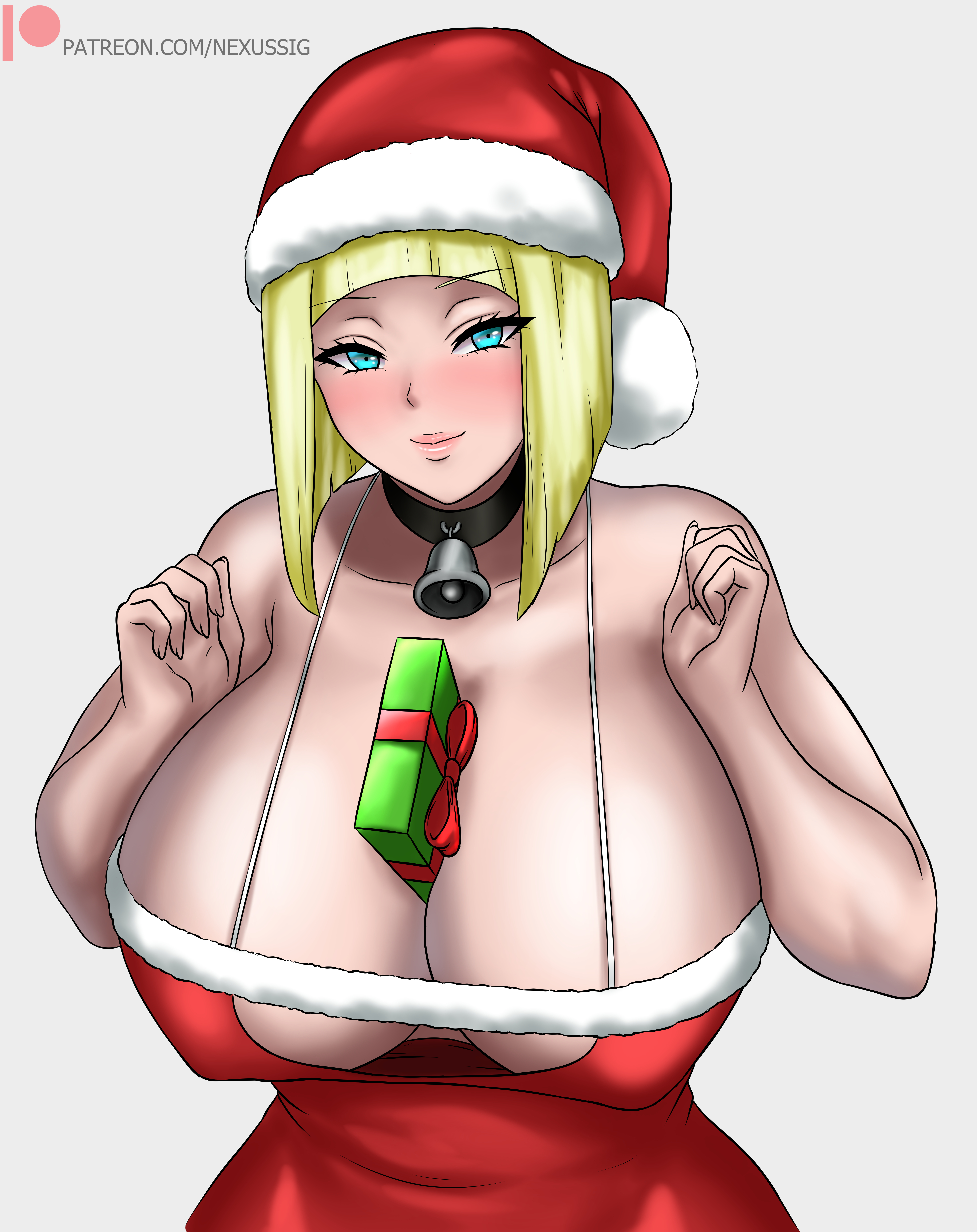 1girls, alternate breast size, bare shoulders, bell, big breasts, blonde hair, blue eyes, blunt bangs, blush, bob cut, breasts, breasts bigger than head, busty, choker, christmas, cleavage, cutout, dress, eyebrows visible through hair, female, female only, fur trim, gift, gift box, holidays, hourglass, huge breasts, human, large breasts, light skin, light-skinned female, long hair, mature, mature female, naruto, naruto (series), naruto shippuden, neckwear, nexus-sig, no bra, object between breasts, paizuri invitation, pale skin, pale-skinned female, present, presenting, presenting breasts, revealing clothes, samui, santa hat, seductive, seductive eyes, seductive look, seductive smile, shiny, shiny hair, shiny skin, shoulder length hair, solo, submissive pose, tease, teasing, underboob cutout, upper body, voluptuous, wide hips