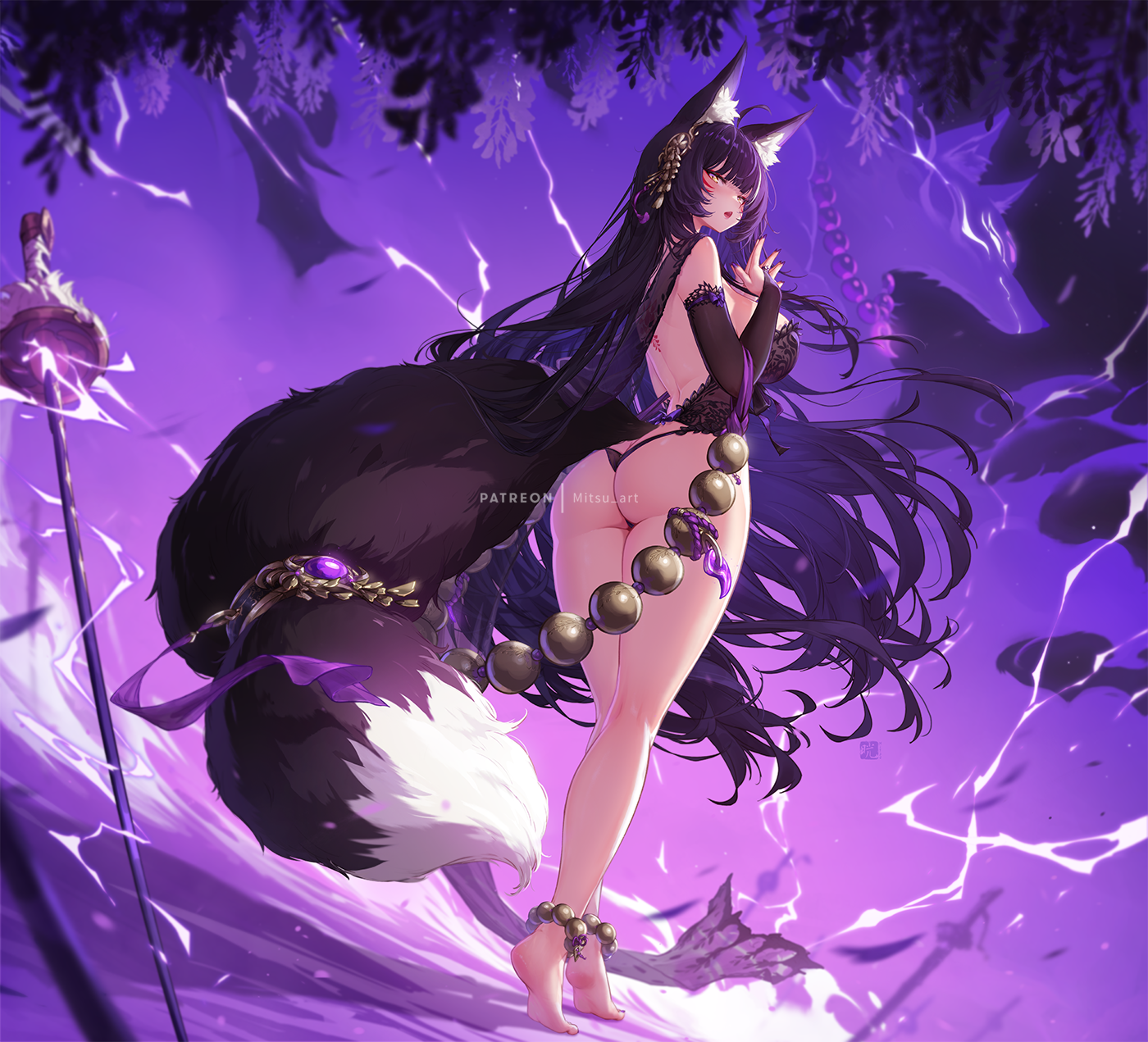 ahoge, animal ear fluff, animal ears, anklet, ass, azur lane, bare shoulders, barefoot, beads, black hair, black panties, breasts, bridal gauntlets, cg, facial mark, feet, female, fox, fox ears, fox girl, fox tail, from behind, full body, hair ornament, jewelry, kitsune, large breasts, legs, long hair, looking at viewer, looking back, magatama, musashi (azur lane), panties, parted lips, prayer beads, solo, standing, sword, tail, thighs, thong, underwear, very long hair, weapon, whisker markings, wisteria (flower), yellow eyes